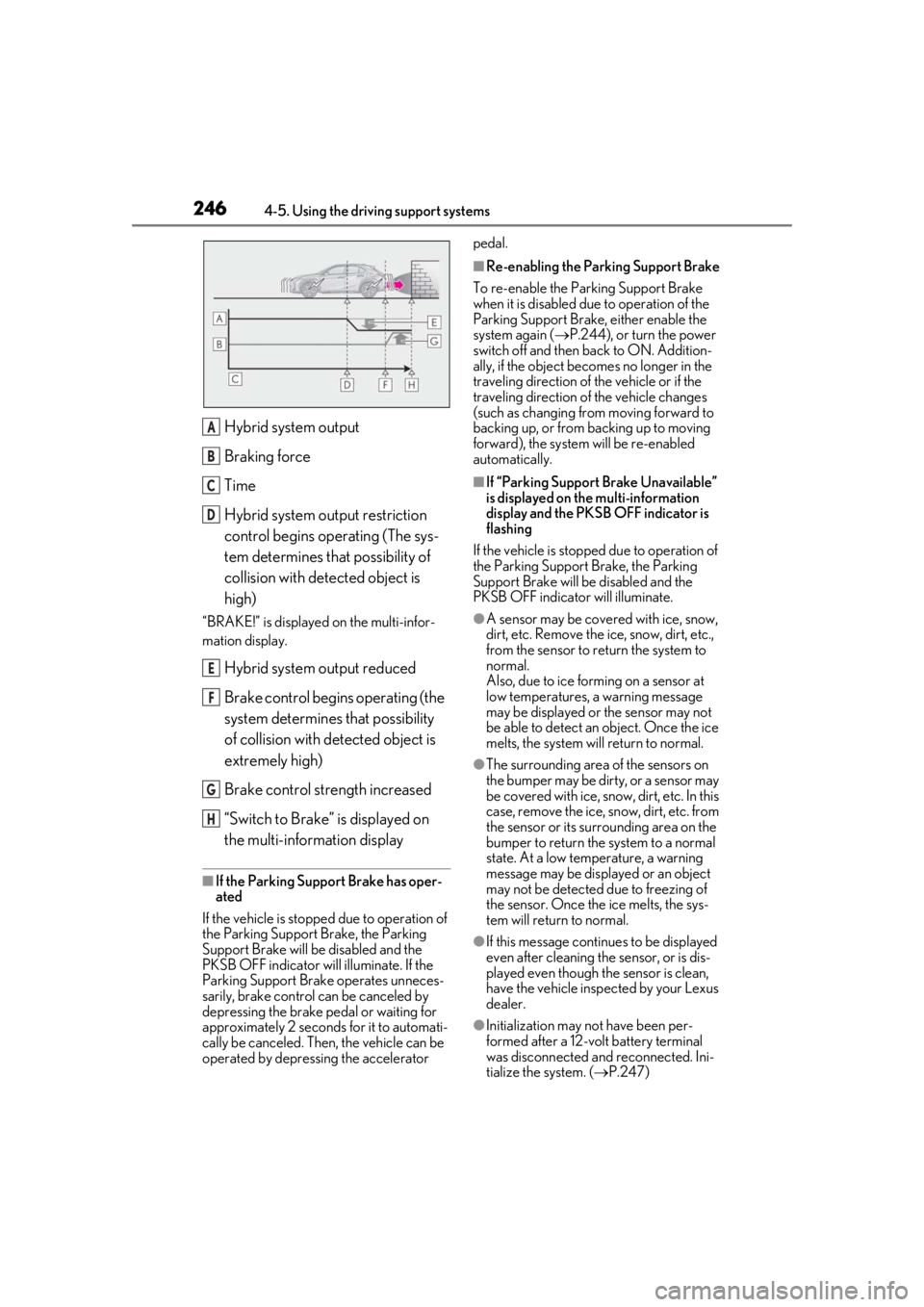 LEXUS UX250H 2019  Owners Manual 2464-5. Using the driving support systems
Hybrid system output
Braking force
Time
Hybrid system output restriction 
control begins operating (The sys-
tem determines that possibility of 
collision wit