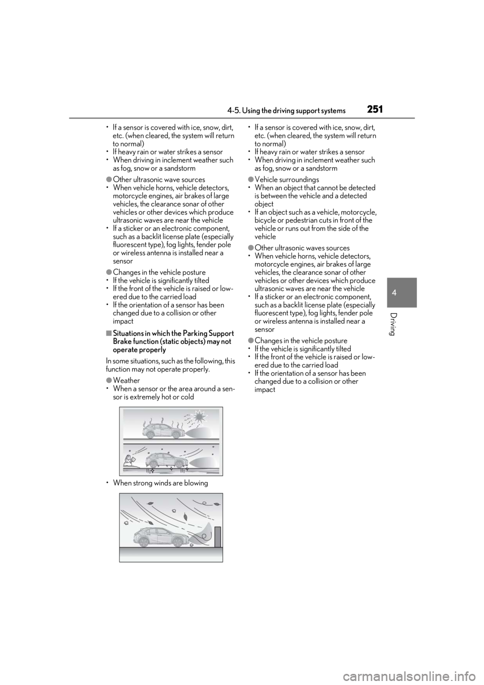 LEXUS UX250H 2019  Owners Manual 2514-5. Using the driving support systems
4
Driving
• If a sensor is covered with ice, snow, dirt, etc. (when cleared, the system will return 
to normal)
• If heavy rain or water strikes a sensor

