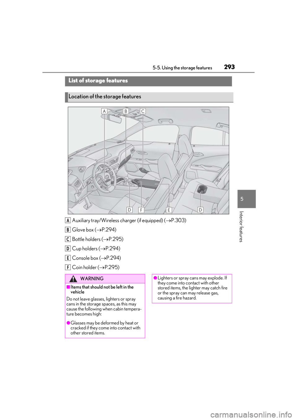 LEXUS UX250H 2019  Owners Manual 2935-5. Using the storage features
5
Interior features
5-5.Using the storage features
Auxiliary tray/Wireless charger (if equipped) (P.303)
Glove box ( P.294)
Bottle holders ( P.295)
Cup hold