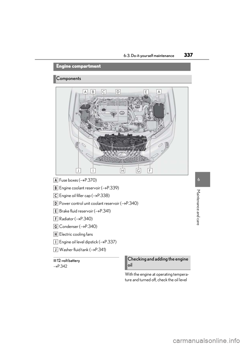 LEXUS UX250H 2019  Owners Manual 3376-3. Do-it-yourself maintenance
6
Maintenance and care
Fuse boxes (P.370)
Engine coolant reservoir ( P.339)
Engine oil filler cap ( P.338)
Power control unit coolant reservoir ( P.340)
