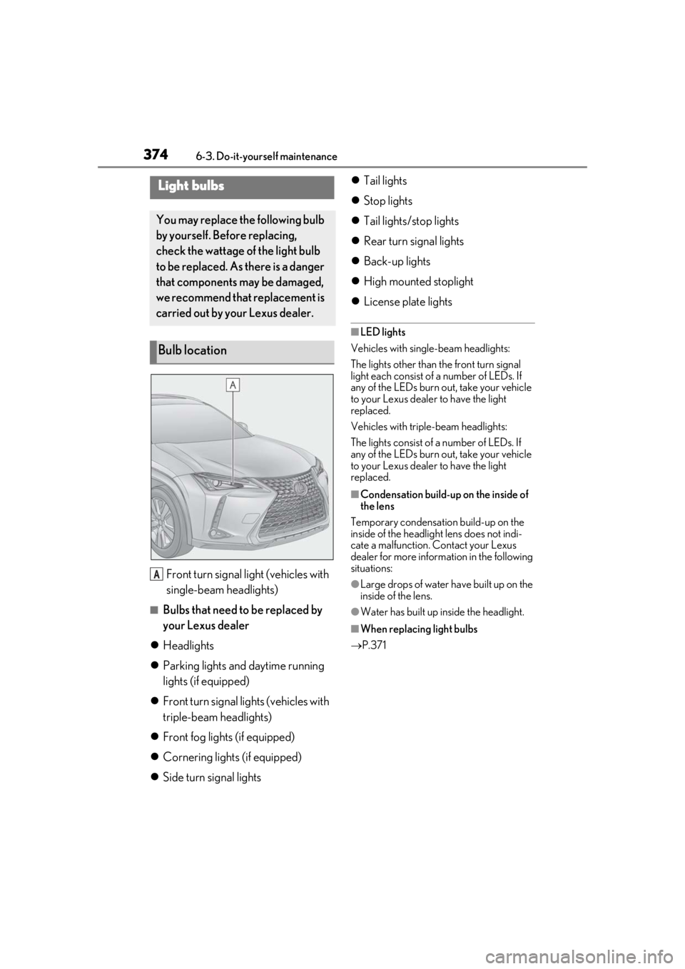 LEXUS UX250H 2019 Owners Manual 3746-3. Do-it-yourself maintenance
Front turn signal light (vehicles with
single-beam headlights)
■Bulbs that need to be replaced by
your Lexus dealer
Headlights
Parking lights and daytime LEXUS UX250H 2019 Owners Manual 3746-3. Do-it-yourself maintenance
Front turn signal light (vehicles with
single-beam headlights)
■Bulbs that need to be replaced by
your Lexus dealer
Headlights
Parking lights and daytime
