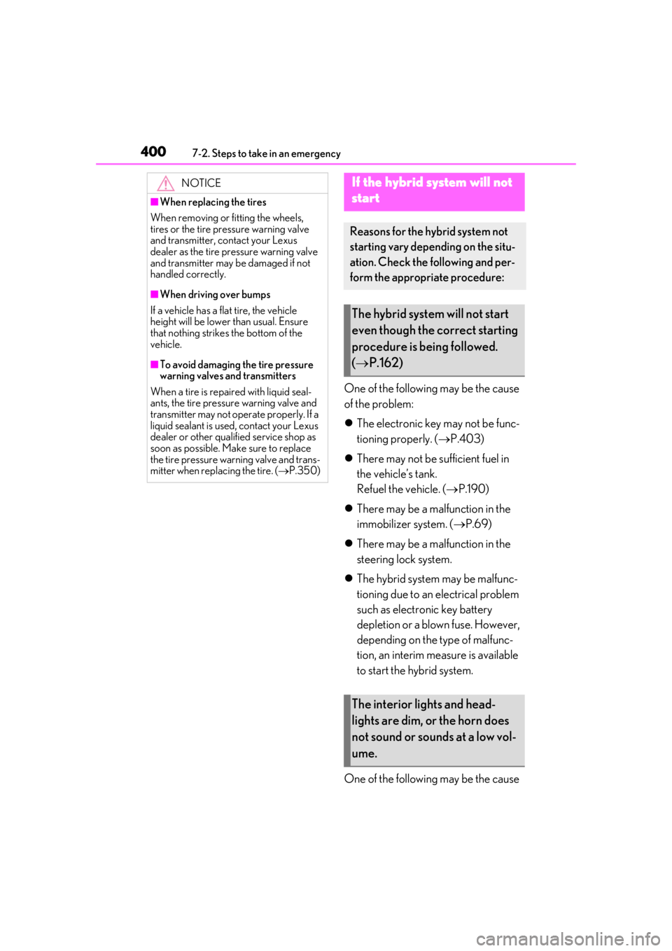 LEXUS UX250H 2019 Owners Manual 4007-2. Steps to take in an emergency
One of the following may be the cause
of the problem:
The electronic key may not be func-
tioning properly. ( P.403)
There may not be sufficient fuel i LEXUS UX250H 2019 Owners Manual 4007-2. Steps to take in an emergency
One of the following may be the cause
of the problem:
The electronic key may not be func-
tioning properly. ( P.403)
There may not be sufficient fuel i