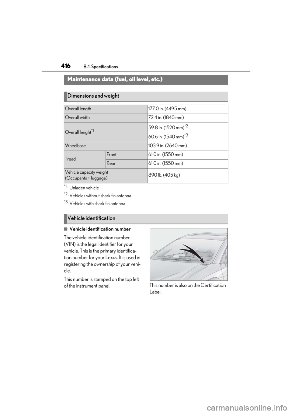 LEXUS UX250H 2019 Owners Manual 4168-1. Specifications
8-1.Specifications
*1:Unladen vehicle
*2: Vehicles without shark fin antenna
*3: Vehicles with shark fin antenna
■Vehicle identification number
The vehicle identification numb LEXUS UX250H 2019 Owners Manual 4168-1. Specifications
8-1.Specifications
*1:Unladen vehicle
*2: Vehicles without shark fin antenna
*3: Vehicles with shark fin antenna
■Vehicle identification number
The vehicle identification numb