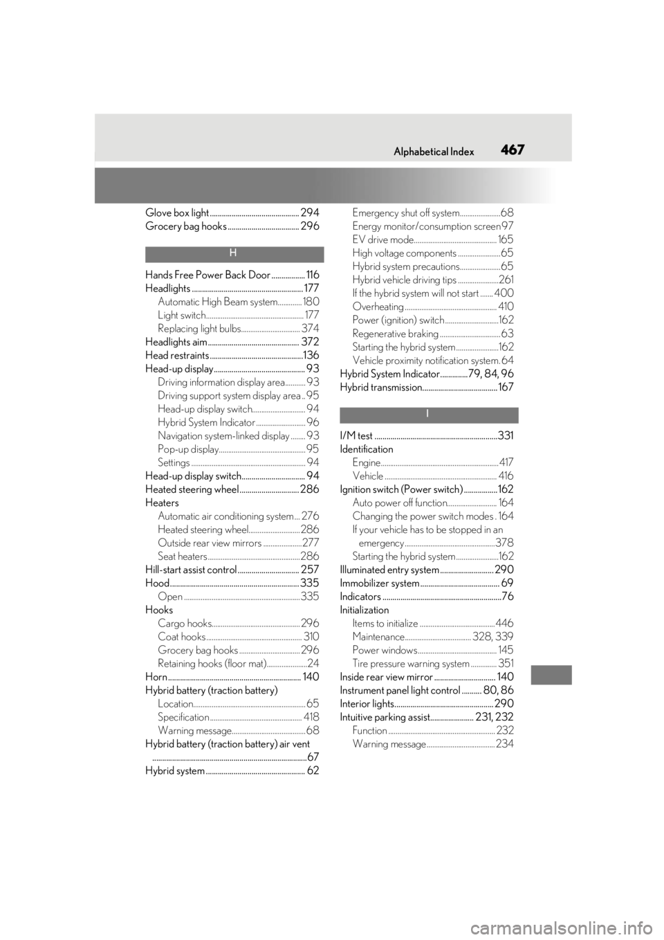 LEXUS UX250H 2019  Owners Manual Alphabetical Index467
Glove box light ............................................. 294
Grocery bag hooks .................................... 296
H
Hands Free Power Back Door ................. 116
He