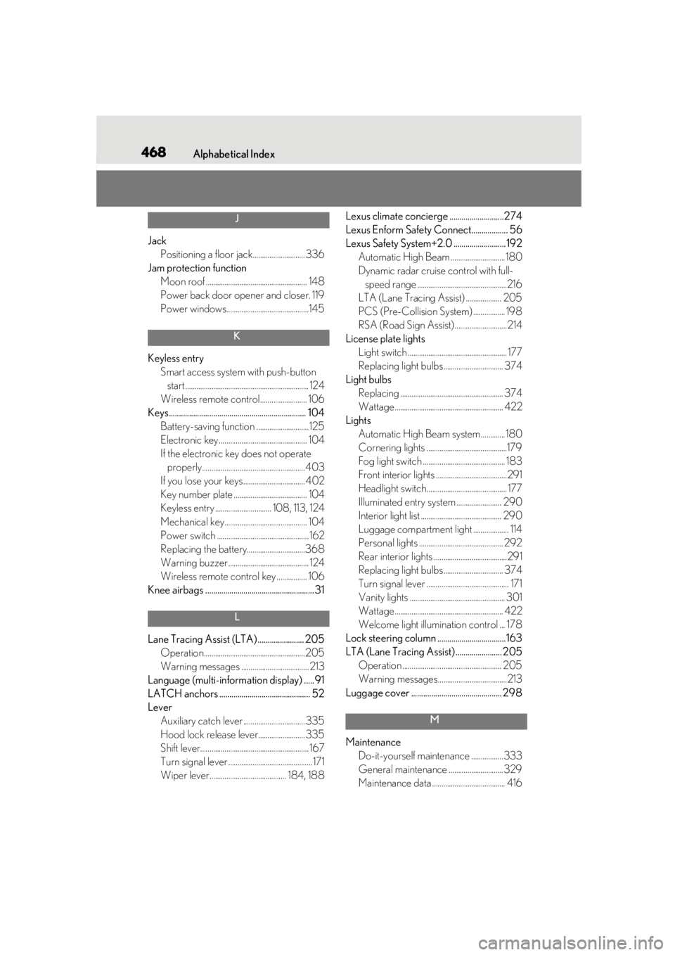 LEXUS UX250H 2019 Owners Manual 468Alphabetical Index
J
JackPositioning a floor jack............................ 336
Jam protection function Moon roof ...................................................... 148
Power back door opener LEXUS UX250H 2019 Owners Manual 468Alphabetical Index
J
JackPositioning a floor jack............................ 336
Jam protection function Moon roof ...................................................... 148
Power back door opener