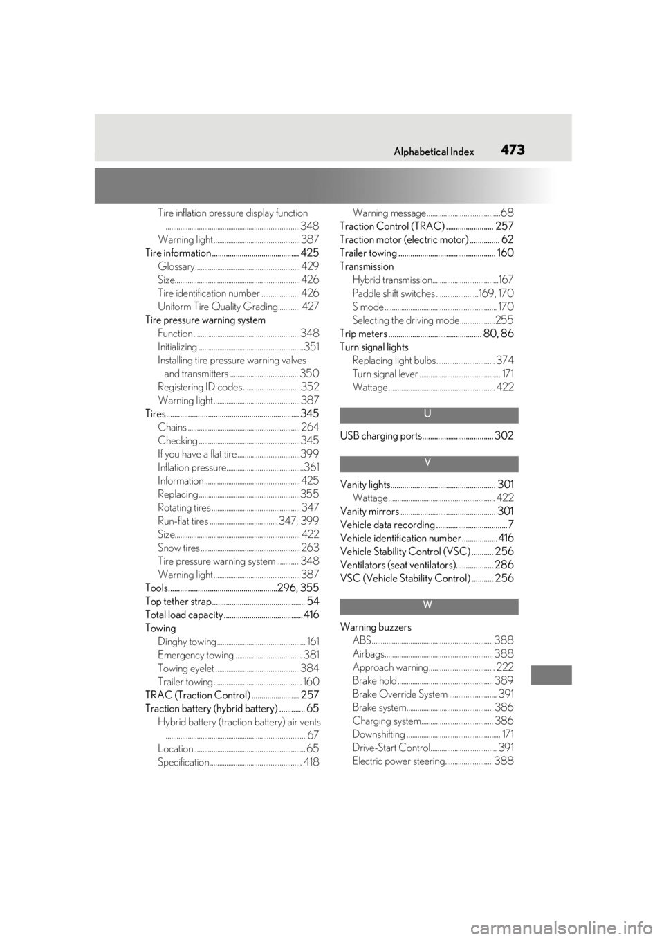 LEXUS UX250H 2019 Owners Manual Alphabetical Index473
Tire inflation pressure display function
.........................................................................348
Warning light .............................................. LEXUS UX250H 2019 Owners Manual Alphabetical Index473
Tire inflation pressure display function
.........................................................................348
Warning light ..............................................