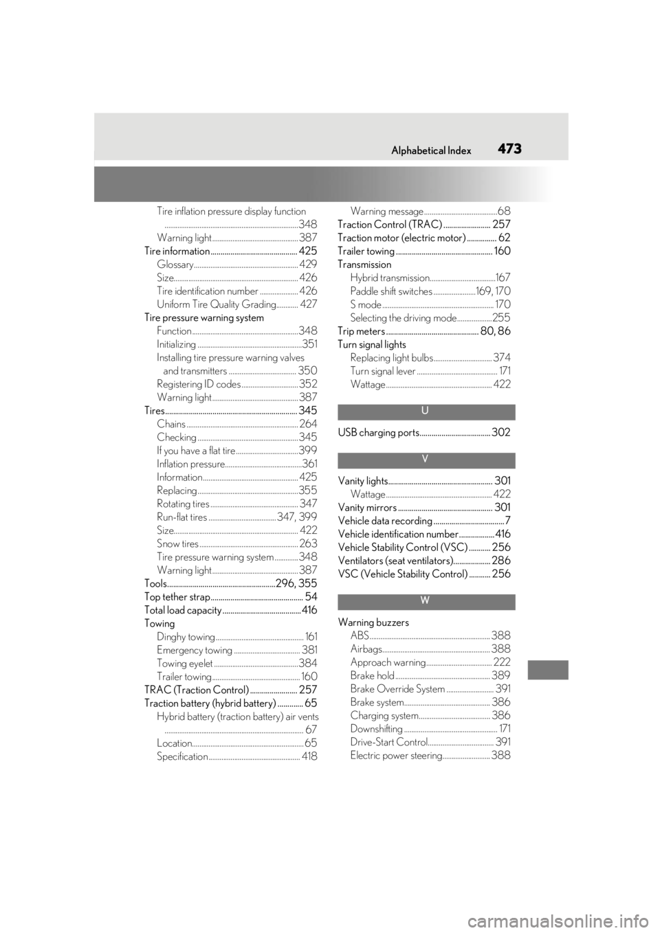 LEXUS UX250H 2019  Owners Manual Alphabetical Index473
Tire inflation pressure display function
.........................................................................348
Warning light ..............................................