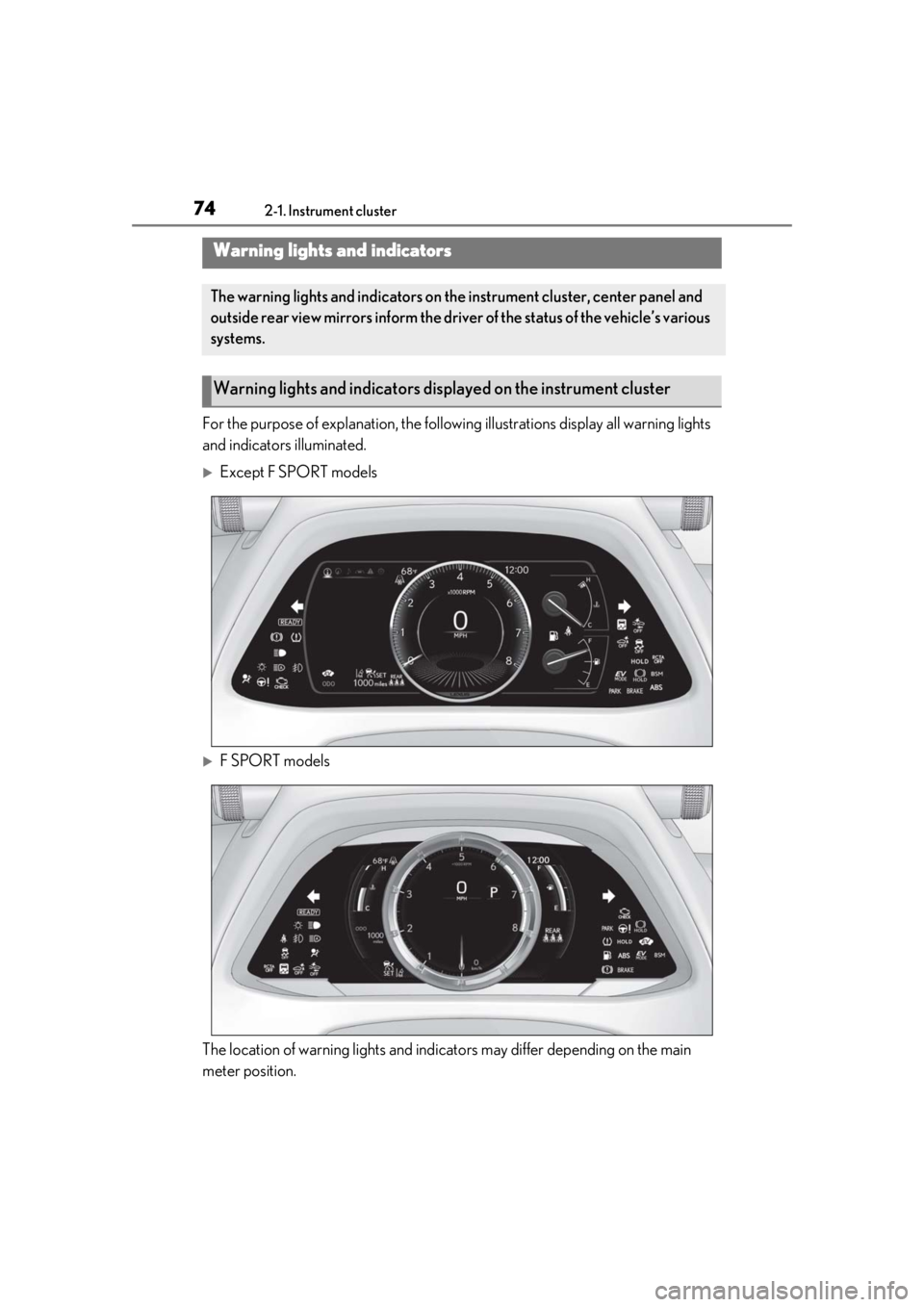 LEXUS UX250H 2019  Owners Manual 742-1. Instrument cluster
2-1.Instrument cluster
For the purpose of explanation, the following illustrations display all warning lights 
and indicators illuminated.
Except F SPORT models
F SPORT