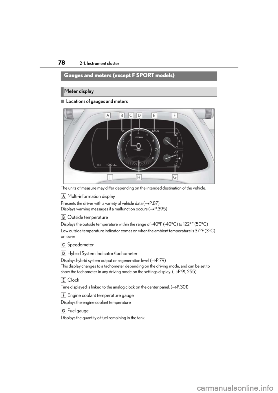 LEXUS UX250H 2019  Owners Manual 782-1. Instrument cluster
■Locations of gauges and meters
The units of measure may differ depending on the intended destination of the vehicle.
Multi-information display
Presents the driver with a v