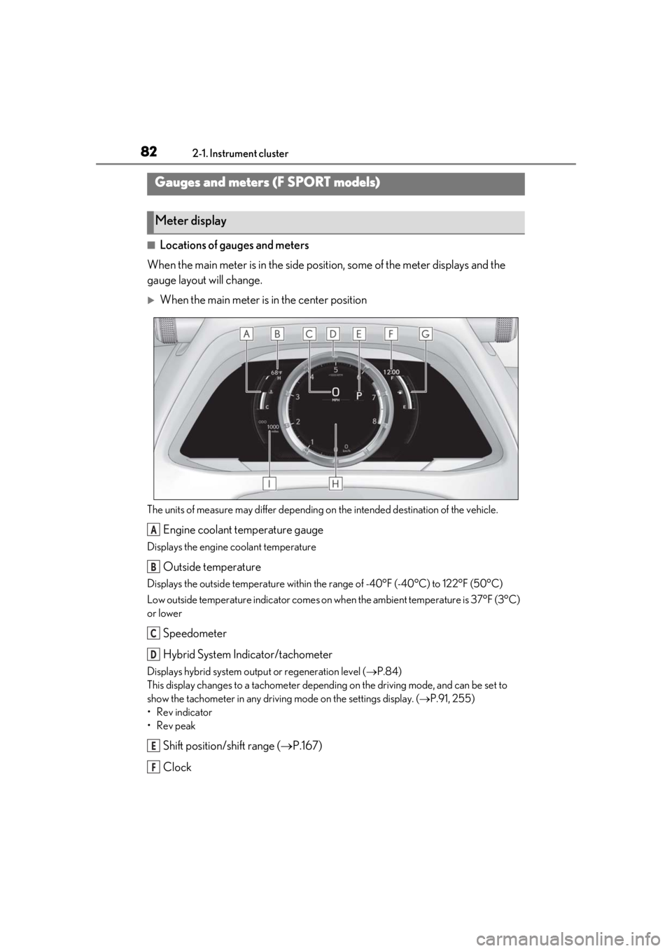 LEXUS UX250H 2019  Owners Manual 822-1. Instrument cluster
■Locations of gauges and meters
When the main meter is in the side posi tion, some of the meter displays and the 
gauge layout will change.
When the main meter is in the