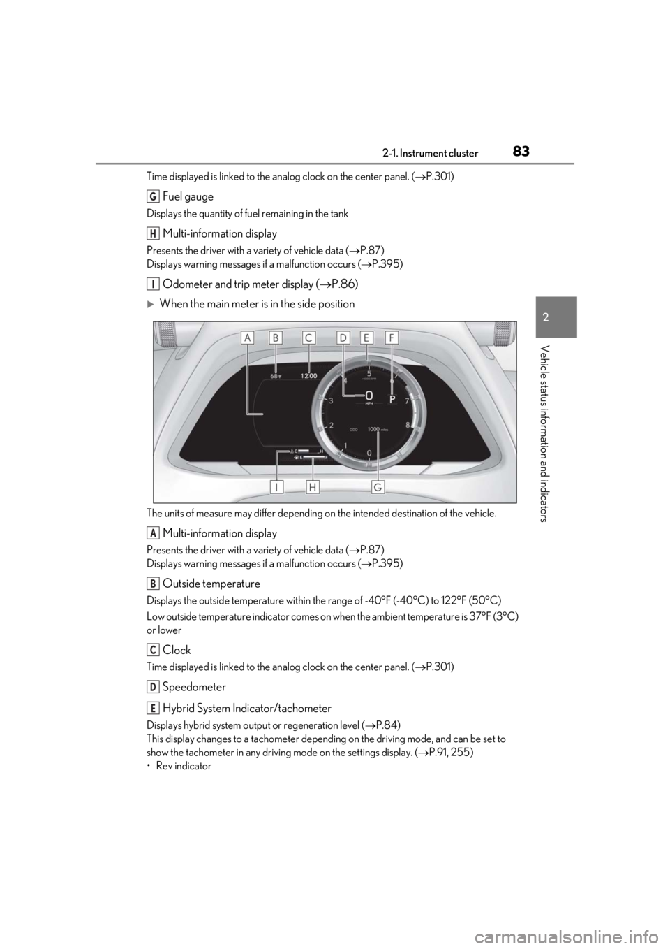 LEXUS UX250H 2019 Manual Online 832-1. Instrument cluster
2
Vehicle status information and indicators
Time displayed is linked to the analog clock on the center panel. (P.301)
Fuel gauge
Displays the quantity of fuel remaining in LEXUS UX250H 2019 Manual Online 832-1. Instrument cluster
2
Vehicle status information and indicators
Time displayed is linked to the analog clock on the center panel. (P.301)
Fuel gauge
Displays the quantity of fuel remaining in