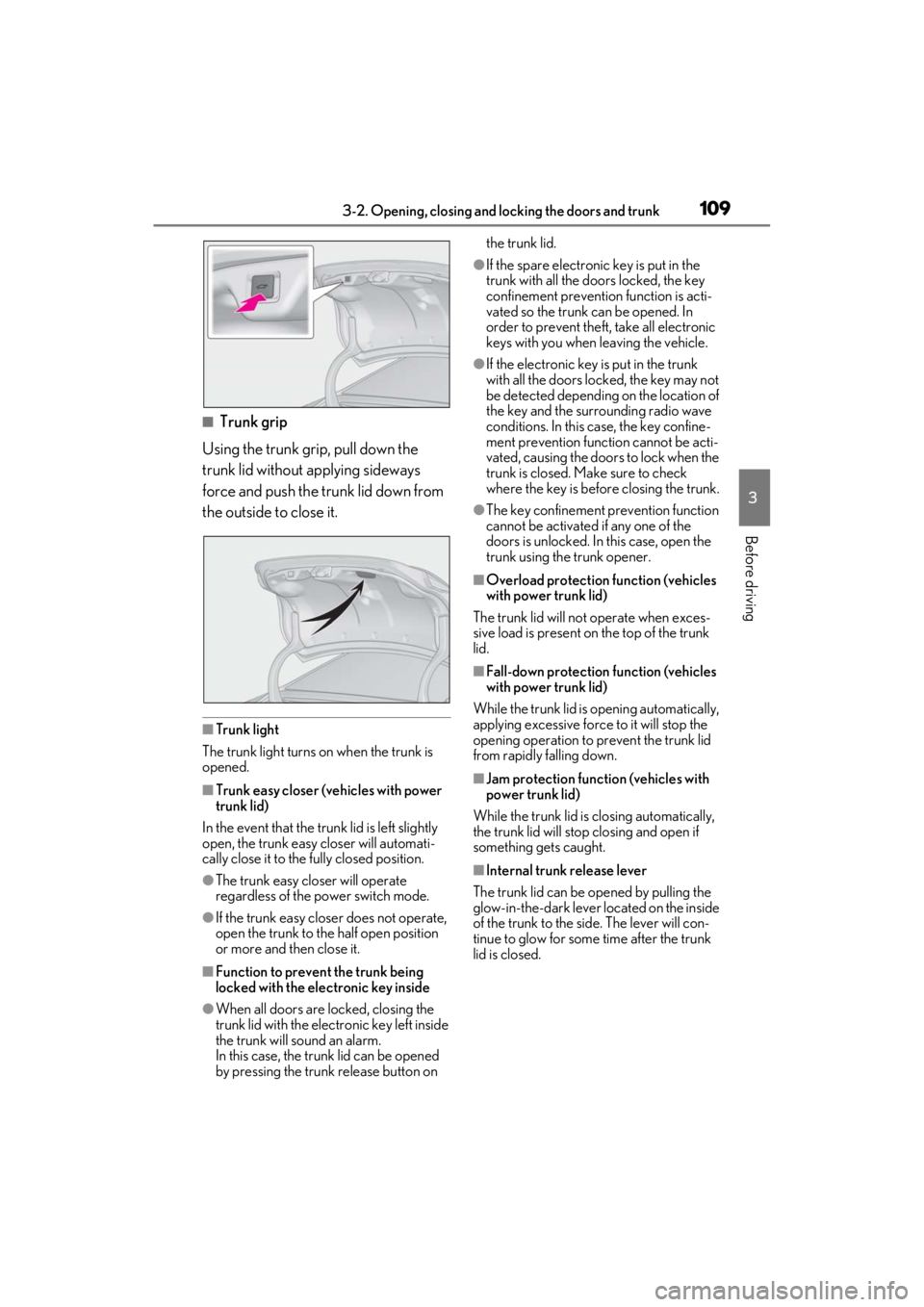 LEXUS ES300h 2021  Owners Manual 1093-2. Opening, closing and locking the doors and trunk
3
Before driving
■Trunk grip
Using the trunk grip, pull down the 
trunk lid without applying sideways 
force and push the trunk lid down from