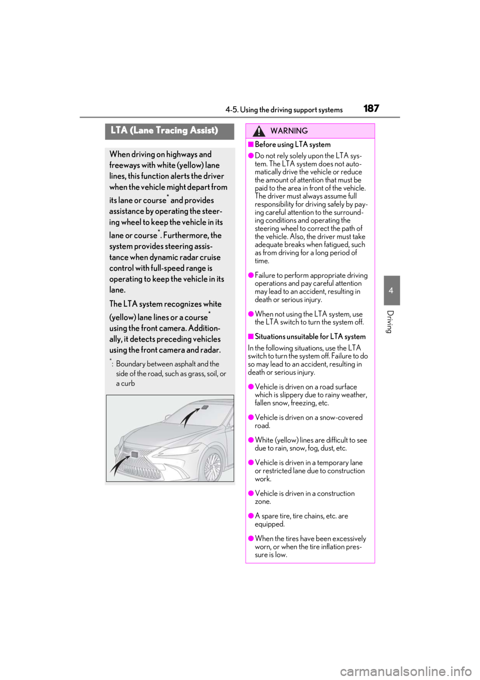 LEXUS ES300h 2021 Owners Manual 1874-5. Using the driving support systems
4
Driving
LTA (Lane Tracing Assist)
When driving on highways and
freeways with white (yellow) lane
lines, this function alerts the driver
when the vehicle LEXUS ES300h 2021 Owners Manual 1874-5. Using the driving support systems
4
Driving
LTA (Lane Tracing Assist)
When driving on highways and
freeways with white (yellow) lane
lines, this function alerts the driver
when the vehicle