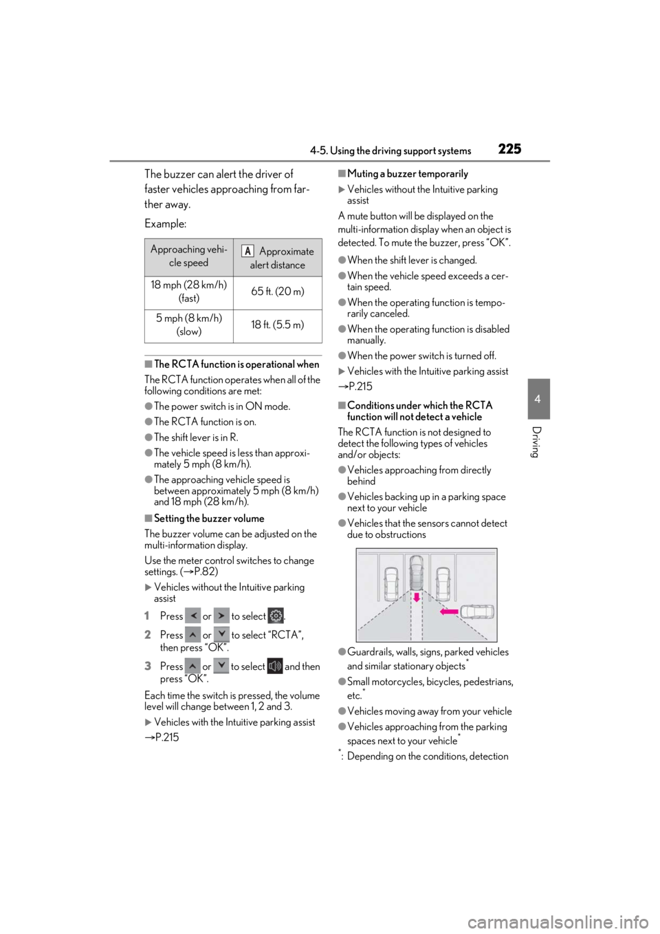 LEXUS ES300h 2021 Owners Manual 2254-5. Using the driving support systems
4
Driving
The buzzer can alert the driver of
faster vehicles approaching from far-
ther away.
Example:
■The RCTA function is operational when
The RCTA func LEXUS ES300h 2021 Owners Manual 2254-5. Using the driving support systems
4
Driving
The buzzer can alert the driver of
faster vehicles approaching from far-
ther away.
Example:
■The RCTA function is operational when
The RCTA func