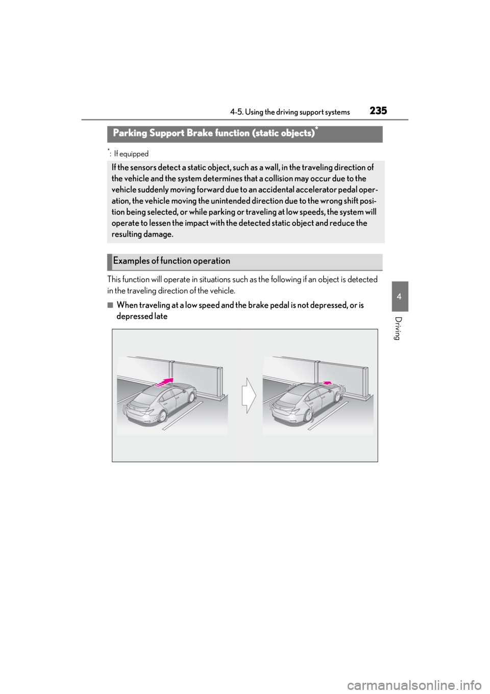 LEXUS ES300h 2021 Owners Manual 2354-5. Using the driving support systems
4
Driving
*:If equipped
This function will operate in situations such as the following if an object is detected
in the traveling direction of the vehicle.
LEXUS ES300h 2021 Owners Manual 2354-5. Using the driving support systems
4
Driving
*:If equipped
This function will operate in situations such as the following if an object is detected
in the traveling direction of the vehicle.