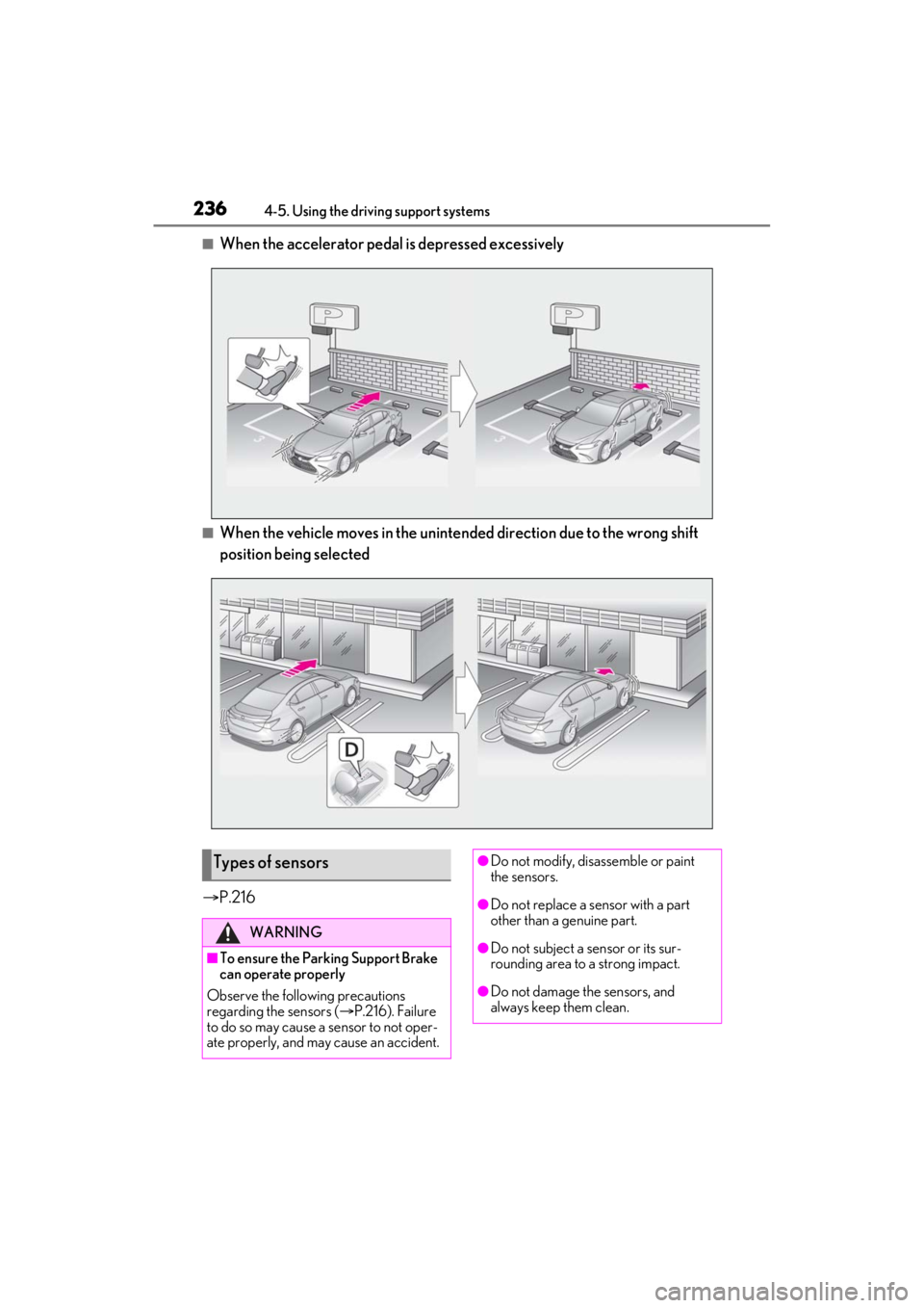 LEXUS ES300h 2021 Owners Manual 2364-5. Using the driving support systems
■When the accelerator pedal is depressed excessively
■When the vehicle moves in the unintend ed direction due to the wrong shift
position being selected
LEXUS ES300h 2021 Owners Manual 2364-5. Using the driving support systems
■When the accelerator pedal is depressed excessively
■When the vehicle moves in the unintend ed direction due to the wrong shift
position being selected