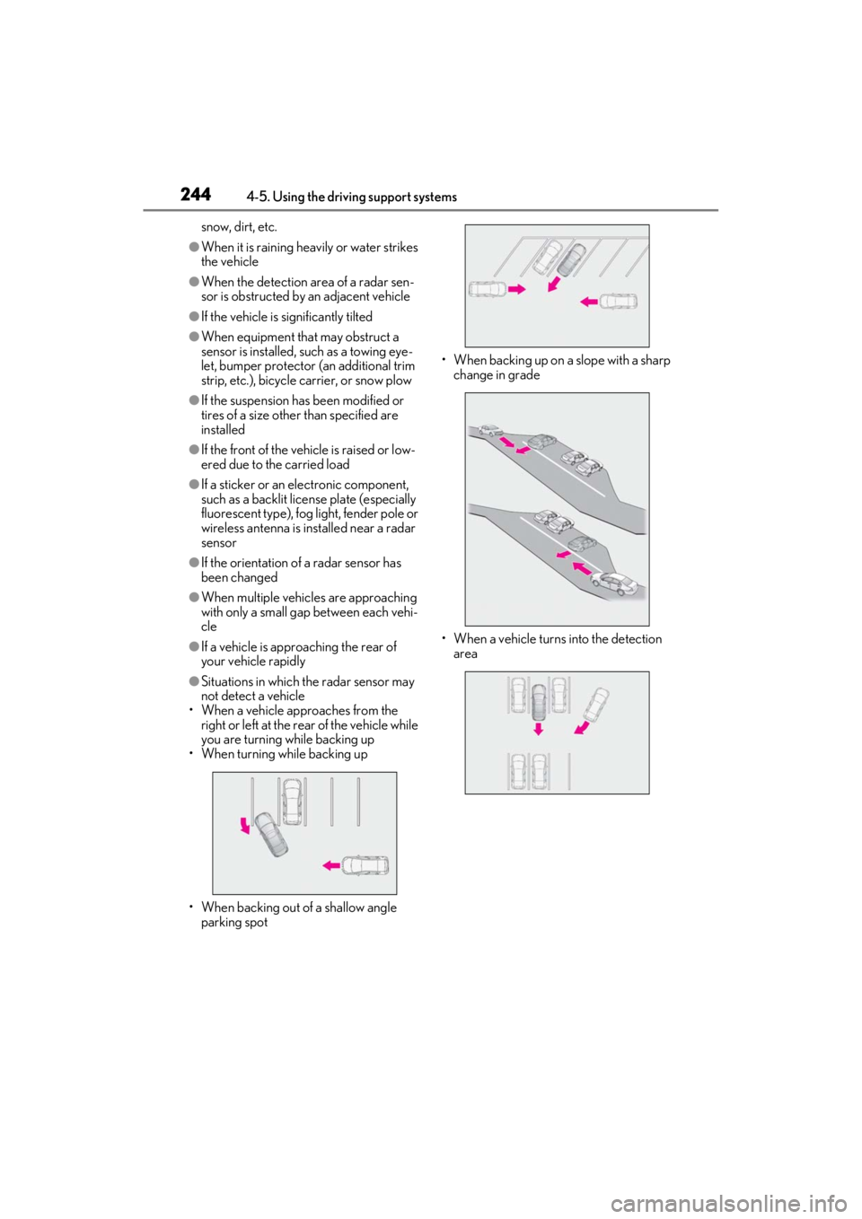 LEXUS ES300h 2021 Owners Manual 2444-5. Using the driving support systems
snow, dirt, etc.
â—ŹWhen it is raining heavily or water strikes
the vehicle
â—ŹWhen the detection area of a radar sen-
sor is obstructed by an adjacent vehic LEXUS ES300h 2021 Owners Manual 2444-5. Using the driving support systems
snow, dirt, etc.
â—ŹWhen it is raining heavily or water strikes
the vehicle
â—ŹWhen the detection area of a radar sen-
sor is obstructed by an adjacent vehic