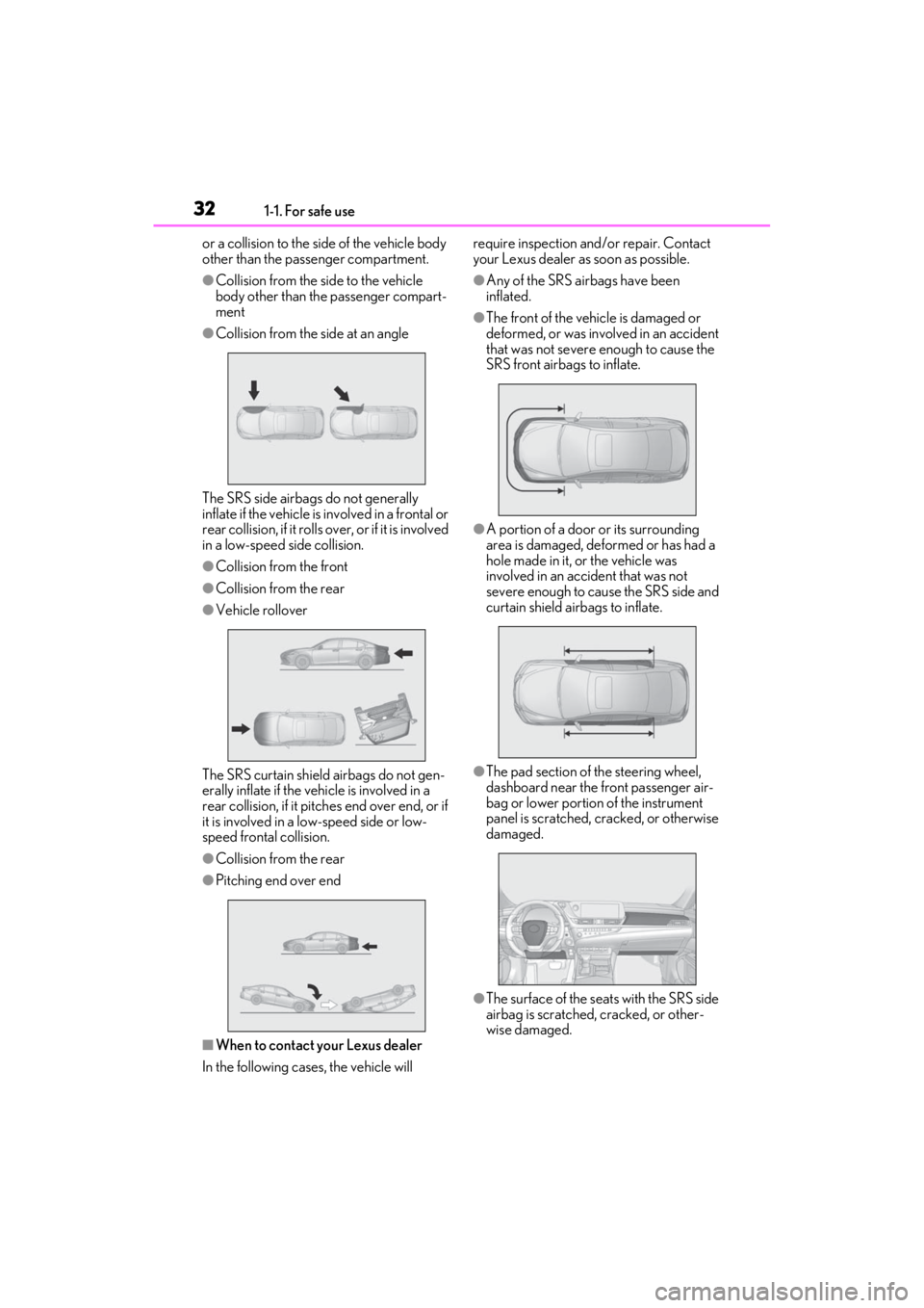 LEXUS ES300h 2021 Owners Guide 321-1. For safe use
or a collision to the side of the vehicle body
other than the passenger compartment.
●Collision from the side to the vehicle
body other than the passenger compart-
ment
●Coll LEXUS ES300h 2021 Owners Guide 321-1. For safe use
or a collision to the side of the vehicle body
other than the passenger compartment.
●Collision from the side to the vehicle
body other than the passenger compart-
ment
●Coll