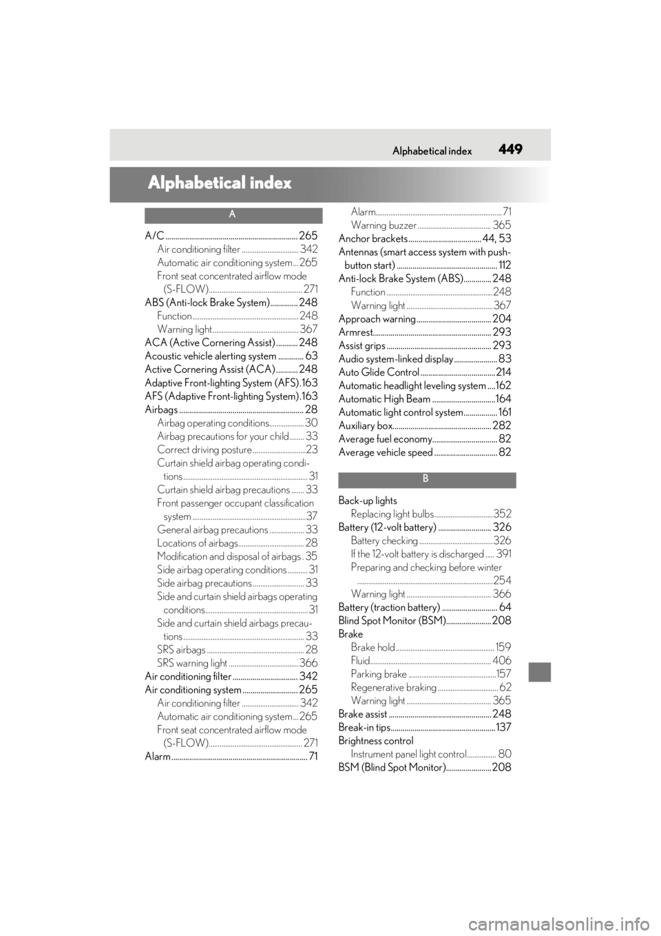 LEXUS ES300h 2021  Owners Manual 449Alphabetical index
Alphabetical index
A
A/C ................................................................... 265Air conditioning filter ............................... 342
Automatic air conditio