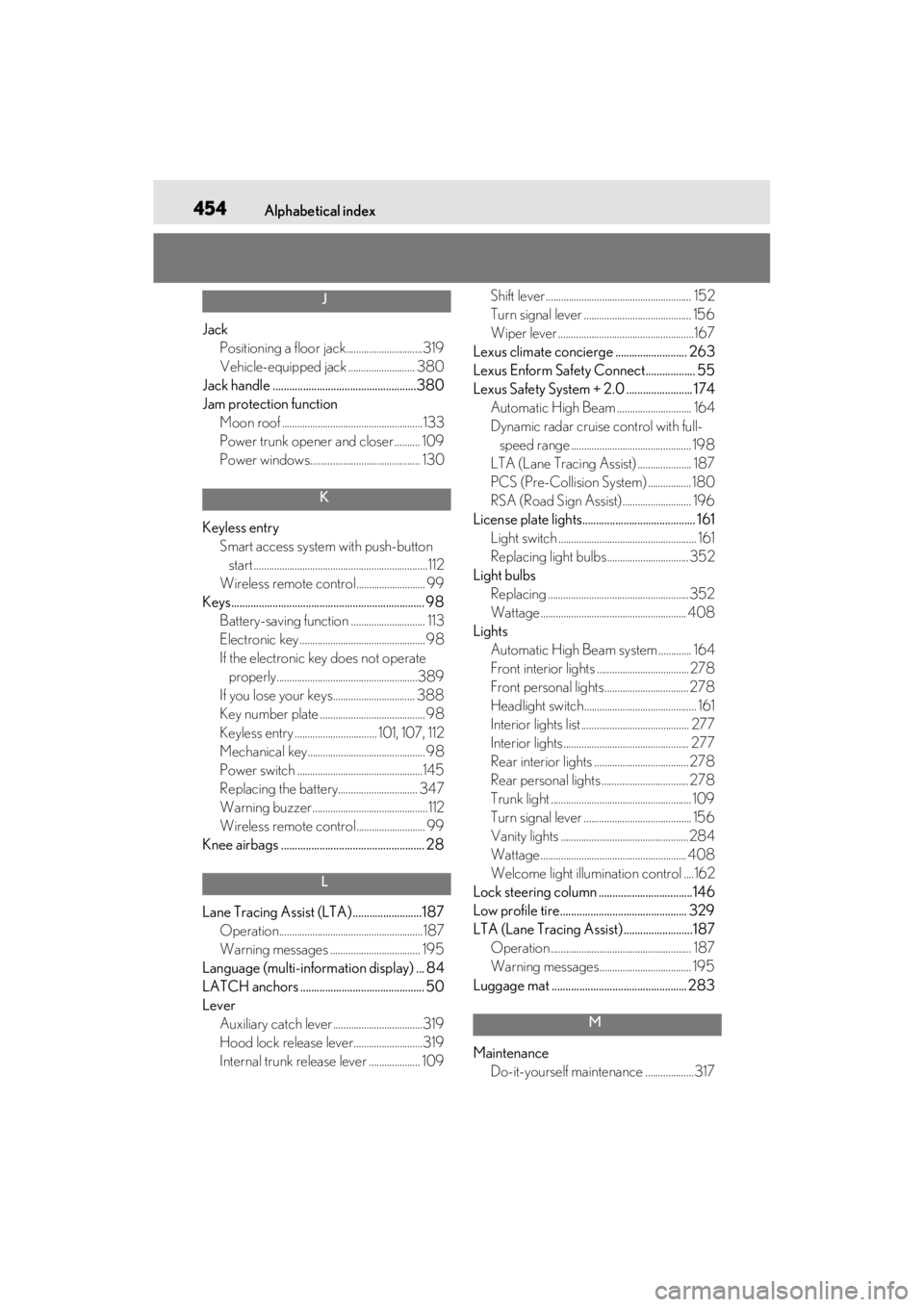 LEXUS ES300h 2021  Owners Manual 454Alphabetical index
J
JackPositioning a floor jack..............................319
Vehicle-equipped jack .......................... 380
Jack handle .................................................