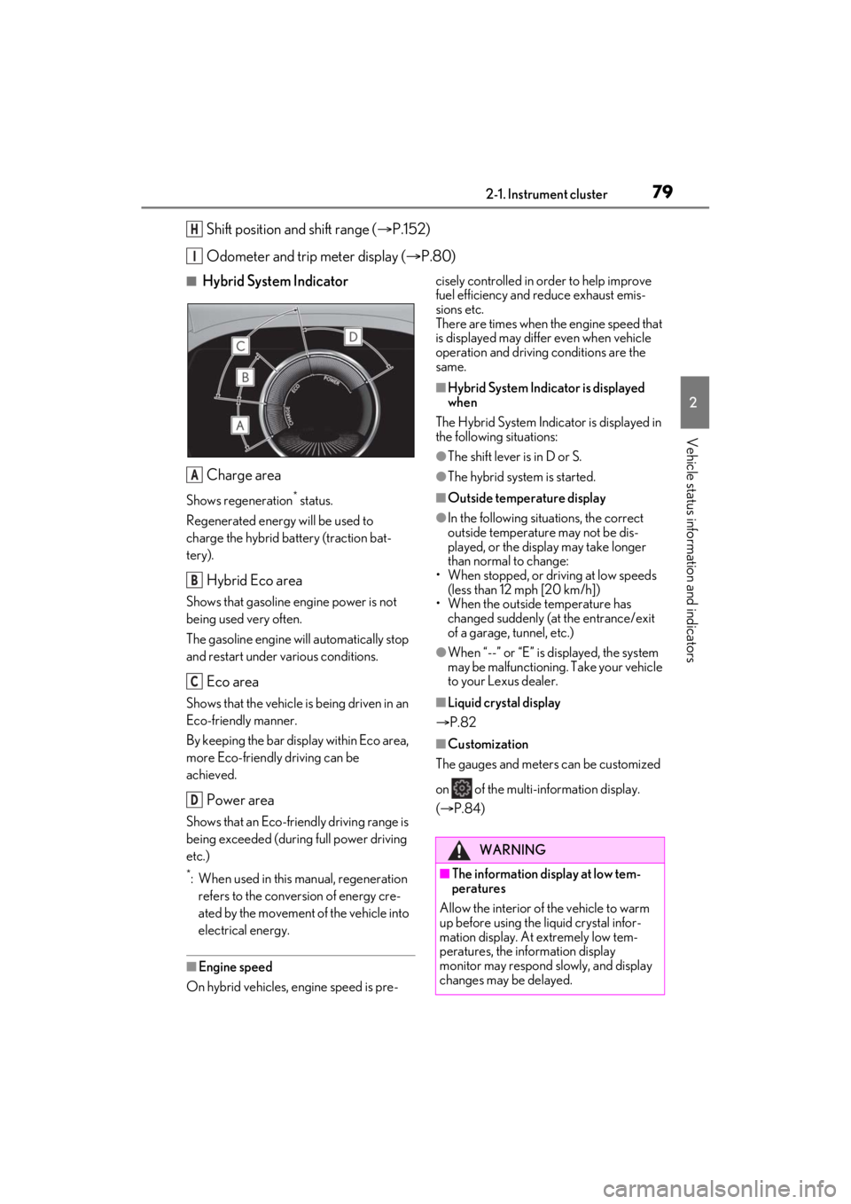 LEXUS ES300h 2021 Manual PDF 792-1. Instrument cluster
2
Vehicle status information and indicators
Shift position and shift range (P.152)
Odometer and trip meter display ( P.80)
■Hybrid System Indicator
Charge area
Shows LEXUS ES300h 2021 Manual PDF 792-1. Instrument cluster
2
Vehicle status information and indicators
Shift position and shift range (P.152)
Odometer and trip meter display ( P.80)
■Hybrid System Indicator
Charge area
Shows