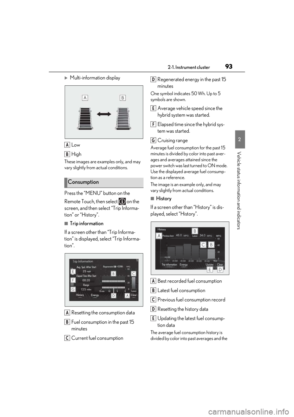 LEXUS ES300h 2021  Owners Manual 932-1. Instrument cluster
2
Vehicle status information and indicators
Multi-information displayLow
High
These images are examples only, and may 
vary slightly from actual conditions.
Press the “M