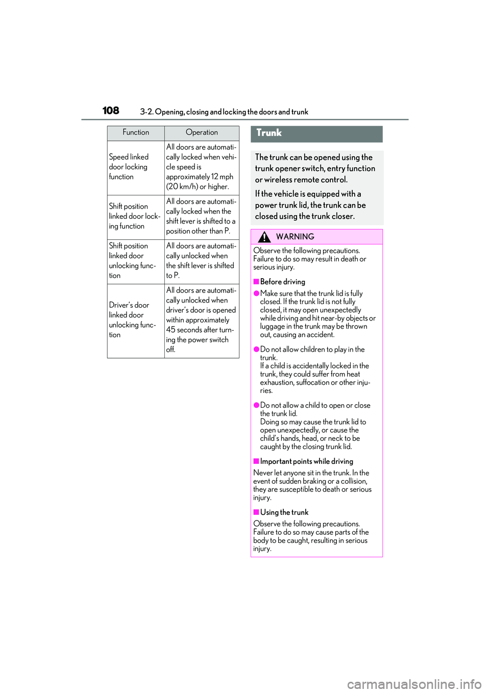LEXUS ES300h 2022  Owners Manual 1083-2. Opening, closing and locking the doors and trunk
FunctionOperation
Speed linked 
door locking 
function
All doors are automati-
cally locked when vehi-
cle speed is 
approximately 12 mph 
(20 
