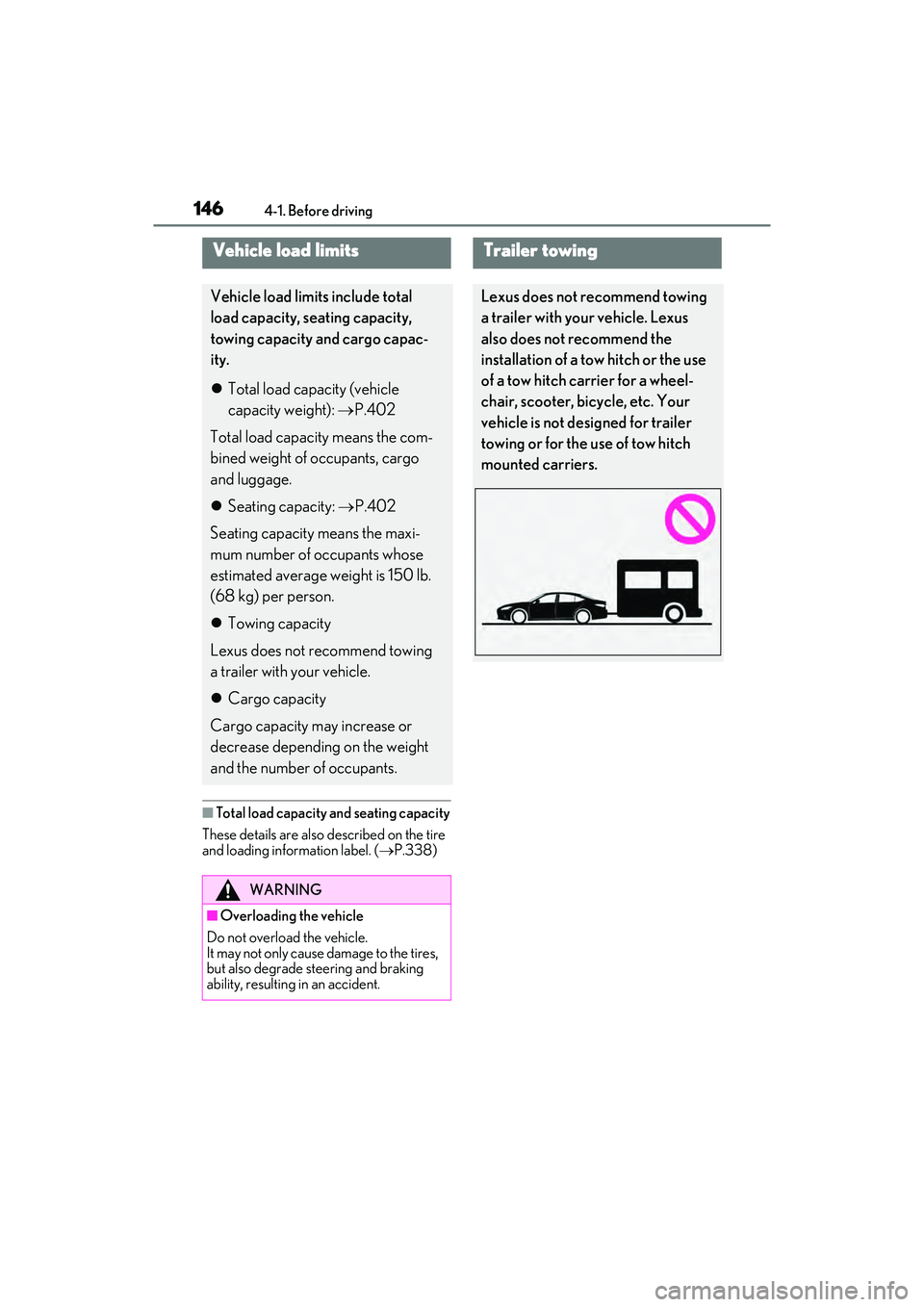 LEXUS ES300h 2022  Owners Manual 1464-1. Before driving
�QTotal load capacity and seating capacity
These details are also described on the tire 
and loading information label. ( P.338)
Vehicle load limits
Vehicle load limits inclu