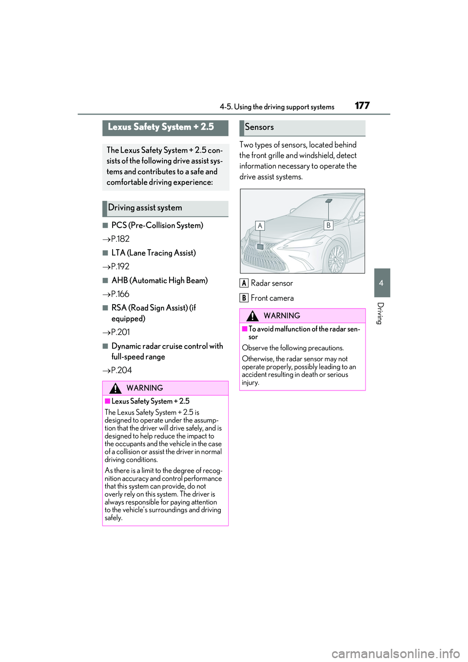 LEXUS ES300h 2022  Owners Manual 1774-5. Using the driving support systems
4
Driving
4-5.Using the driving support s yste ms
�QPCS (Pre-Collision System)
 P.182
�QLTA (Lane Tracing Assist)
 P.192
�QAHB (Automatic High Beam)

