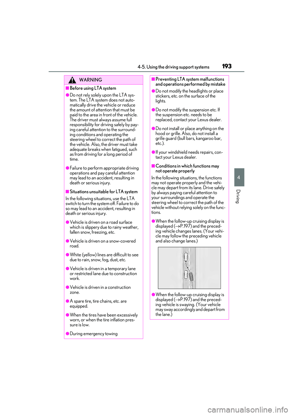 LEXUS ES300h 2022  Owners Manual 1934-5. Using the driving support systems
4
Driving
WARNING
�QBefore using LTA system
�ODo not rely solely upon the LTA sys-
tem. The LTA system does not auto-
matically drive the vehicle or reduce 
t