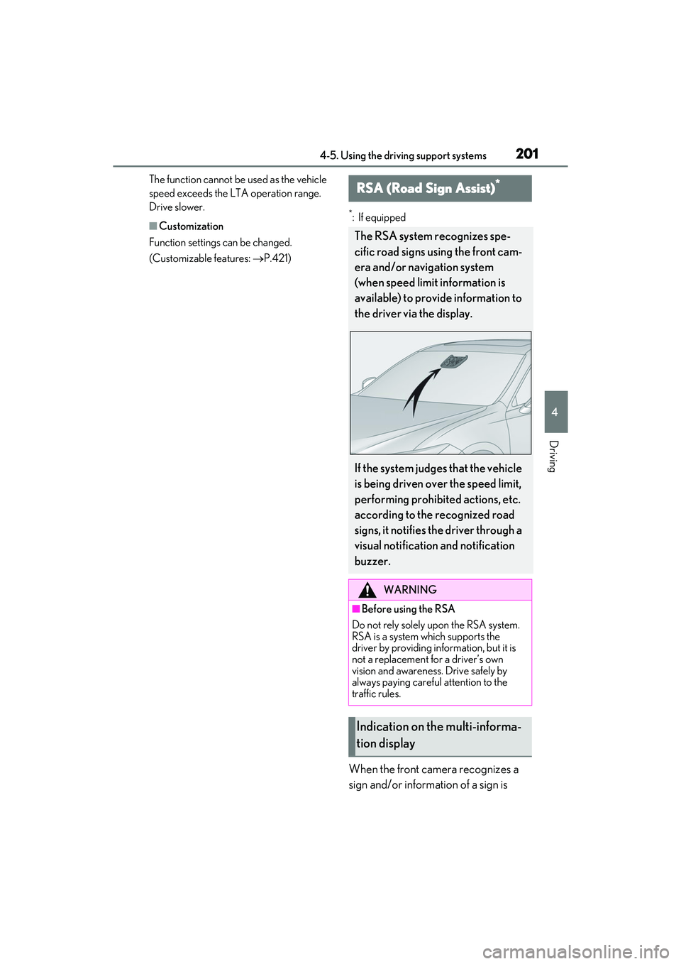 LEXUS ES300h 2022  Owners Manual 2014-5. Using the driving support systems
4
Driving
The function cannot be used as the vehicle 
speed exceeds the LTA operation range. 
Drive slower.
�QCustomization
Function settings can be changed.

