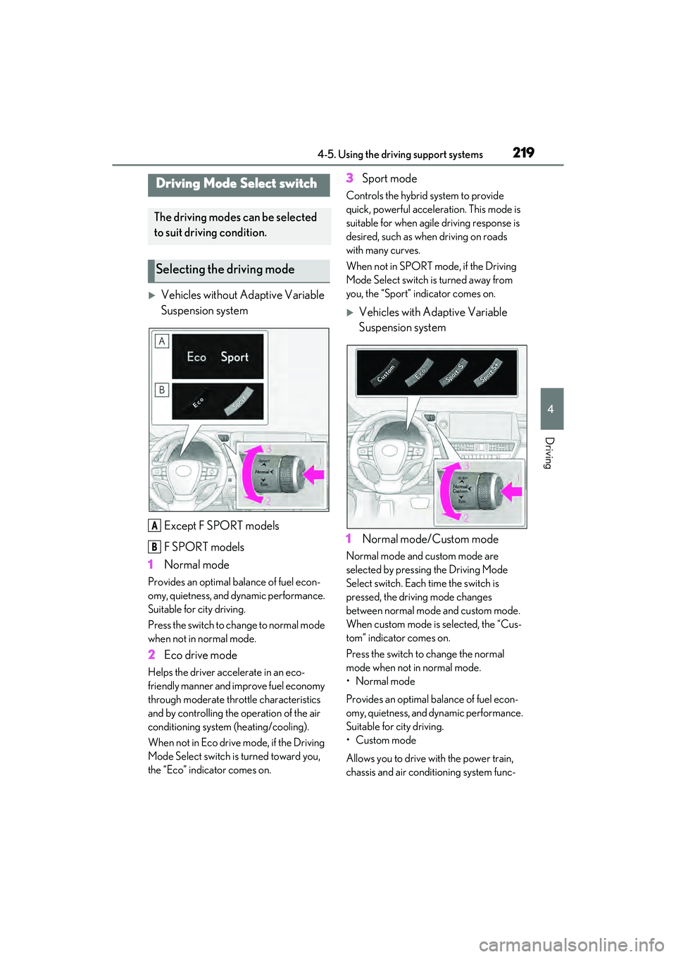 LEXUS ES300h 2022 Owners Manual 2194-5. Using the driving support systems
4
Driving
Vehicles without Adaptive Variable
Suspension systemExcept F SPORT models
F SPORT models
1 Normal mode
Provides an optimal balance of fuel econ- LEXUS ES300h 2022 Owners Manual 2194-5. Using the driving support systems
4
Driving
Vehicles without Adaptive Variable
Suspension systemExcept F SPORT models
F SPORT models
1 Normal mode
Provides an optimal balance of fuel econ-