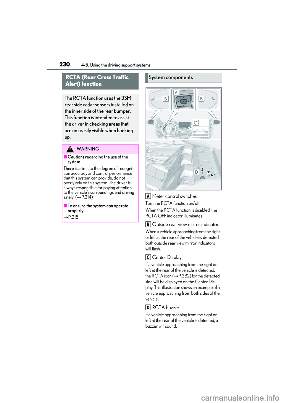 LEXUS ES300h 2022 Owners Manual 2304-5. Using the driving support systems
Meter control switches
Turn the RCTA function on/off.
When the RCTA function is disabled, the
RCTA OFF indicator illuminates.
Outside rear view mirror indica LEXUS ES300h 2022 Owners Manual 2304-5. Using the driving support systems
Meter control switches
Turn the RCTA function on/off.
When the RCTA function is disabled, the
RCTA OFF indicator illuminates.
Outside rear view mirror indica