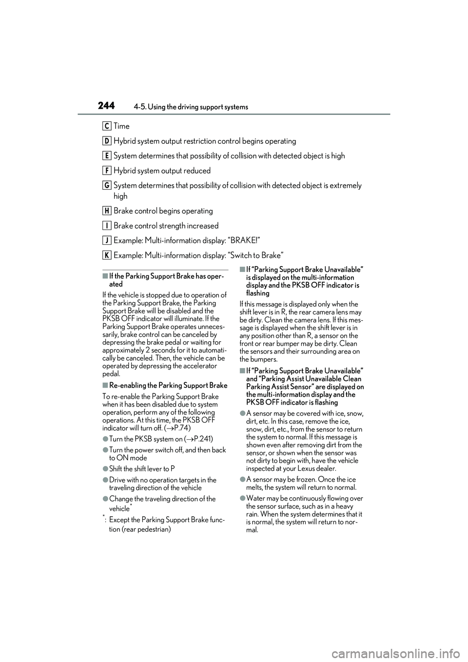 LEXUS ES300h 2022  Owners Manual 2444-5. Using the driving support systems
Time
Hybrid system output restriction control begins operating
System determines that possibility of collision with detected object is high
Hybrid system outp
