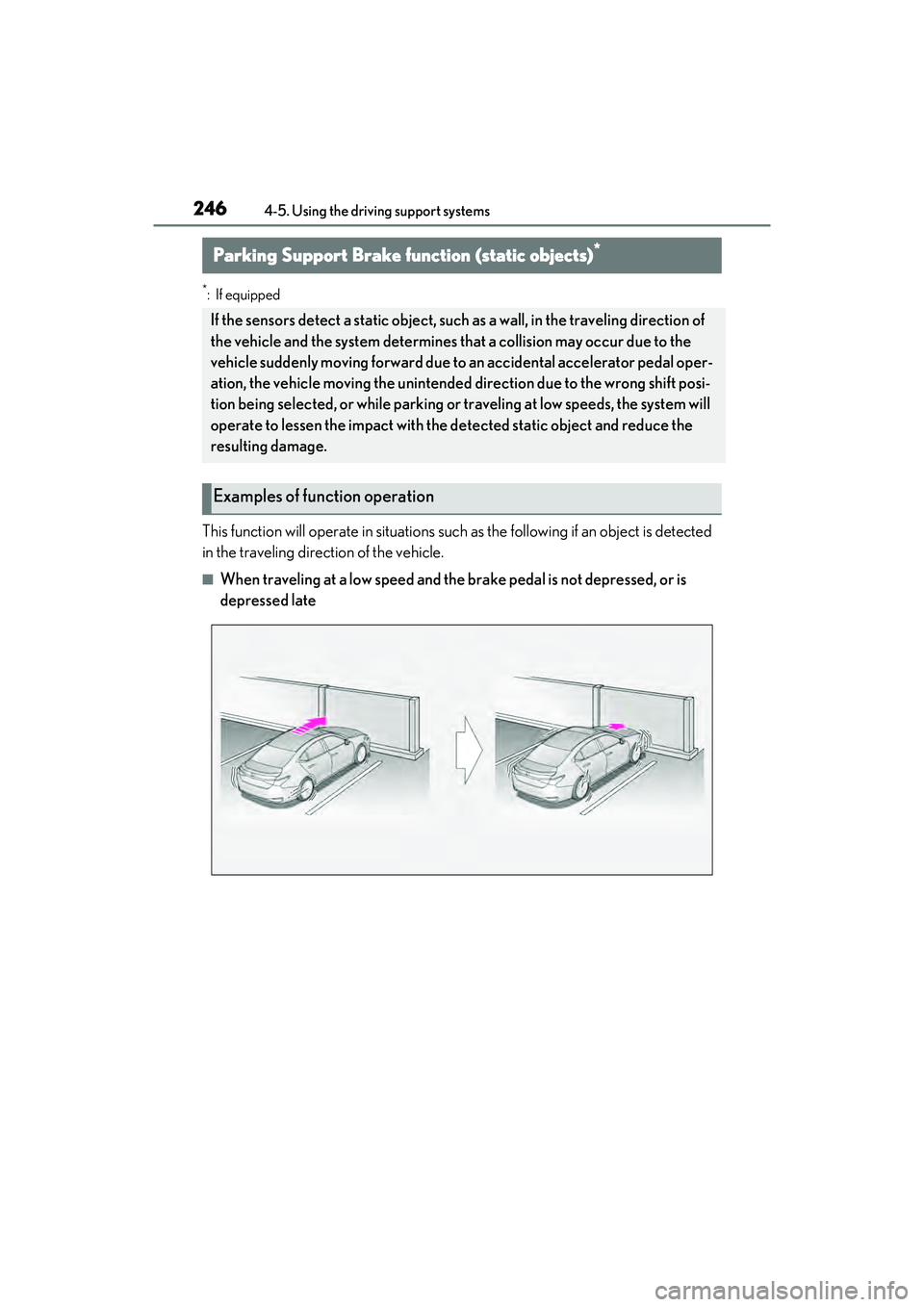 LEXUS ES300h 2022  Owners Manual 2464-5. Using the driving support systems
*: If equipped
This function will operate in situations such as the following if an object is detected 
in the traveling direction of the vehicle.
�QWhen trav