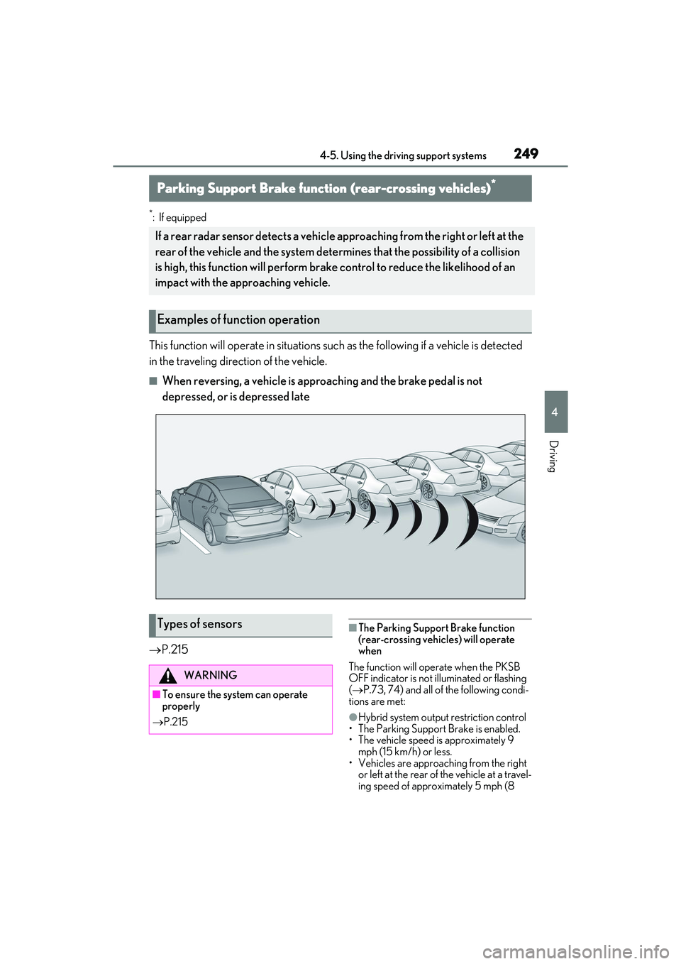 LEXUS ES300h 2022  Owners Manual 2494-5. Using the driving support systems
4
Driving
*: If equipped
This function will operate in situations such as the following if a vehicle is detected 
in the traveling direction of the vehicle.
�