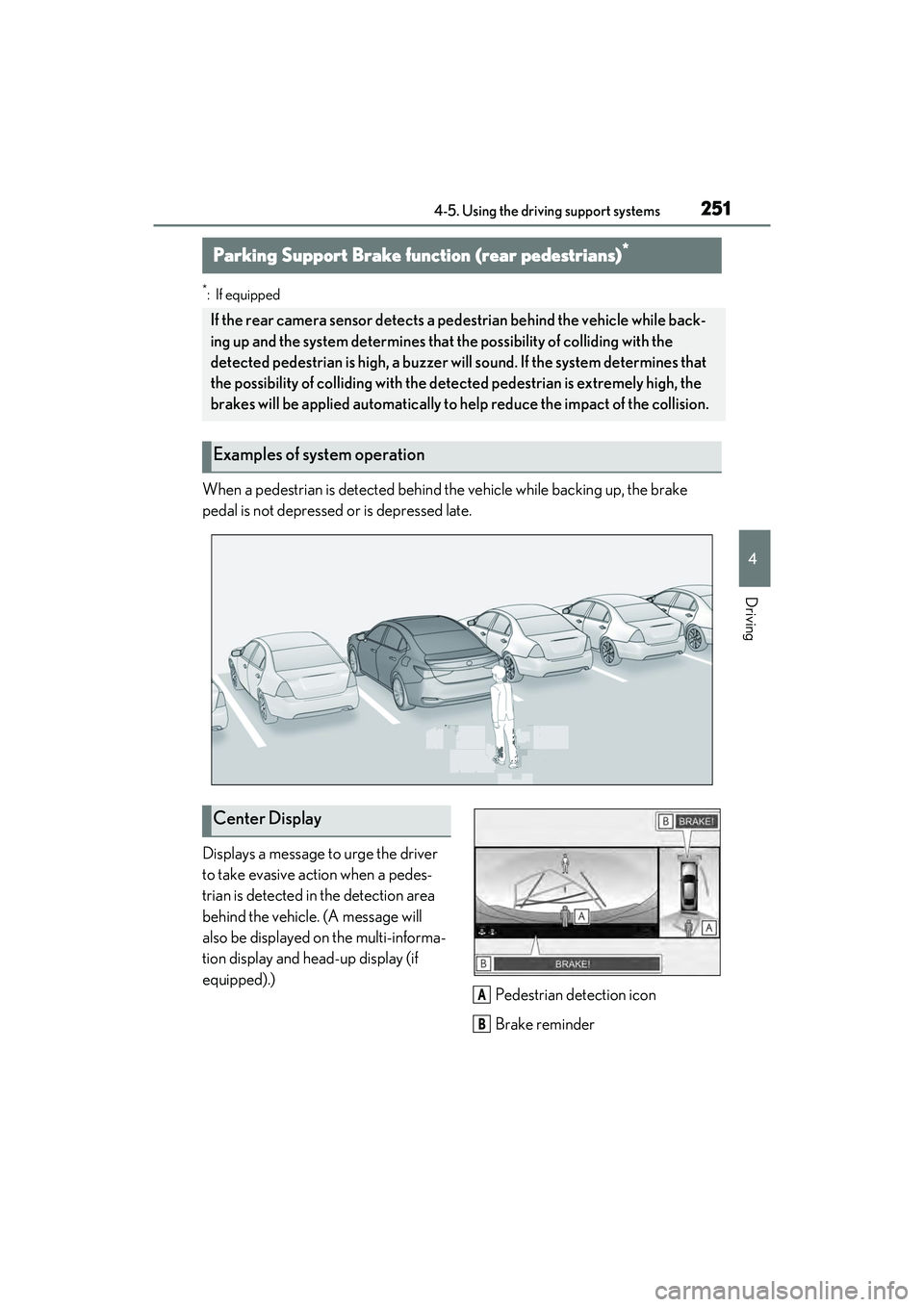 LEXUS ES300h 2022  Owners Manual 2514-5. Using the driving support systems
4
Driving
*: If equipped
When a pedestrian is detected behind the vehicle while backing up, the brake 
pedal is not depressed or is depressed late.
Displays a