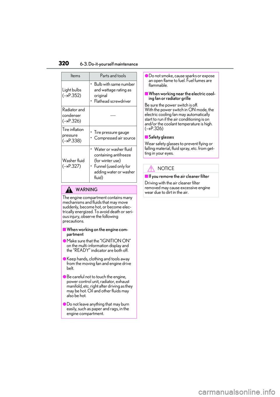 LEXUS ES300h 2022  Owners Manual 3206-3. Do-it-yourself maintenance
Light bulbs 
( P.352)
• Bulb with same number 
and wattage rating as 
original
• Flathead screwdriver
Radiator and 
condenser 
(  P.326)

Tire inflation
