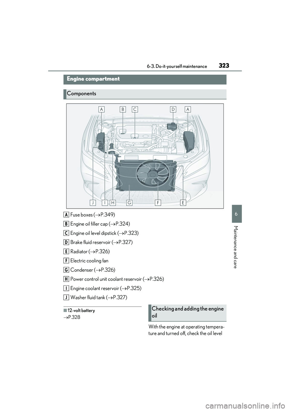 LEXUS ES300h 2022  Owners Manual 3236-3. Do-it-yourself maintenance
6
Maintenance and care
Fuse boxes (P.349)
Engine oil filler cap ( P.324)
Engine oil level dipstick ( P.323)
Brake fluid reservoir ( P.327)
Radiator ( 