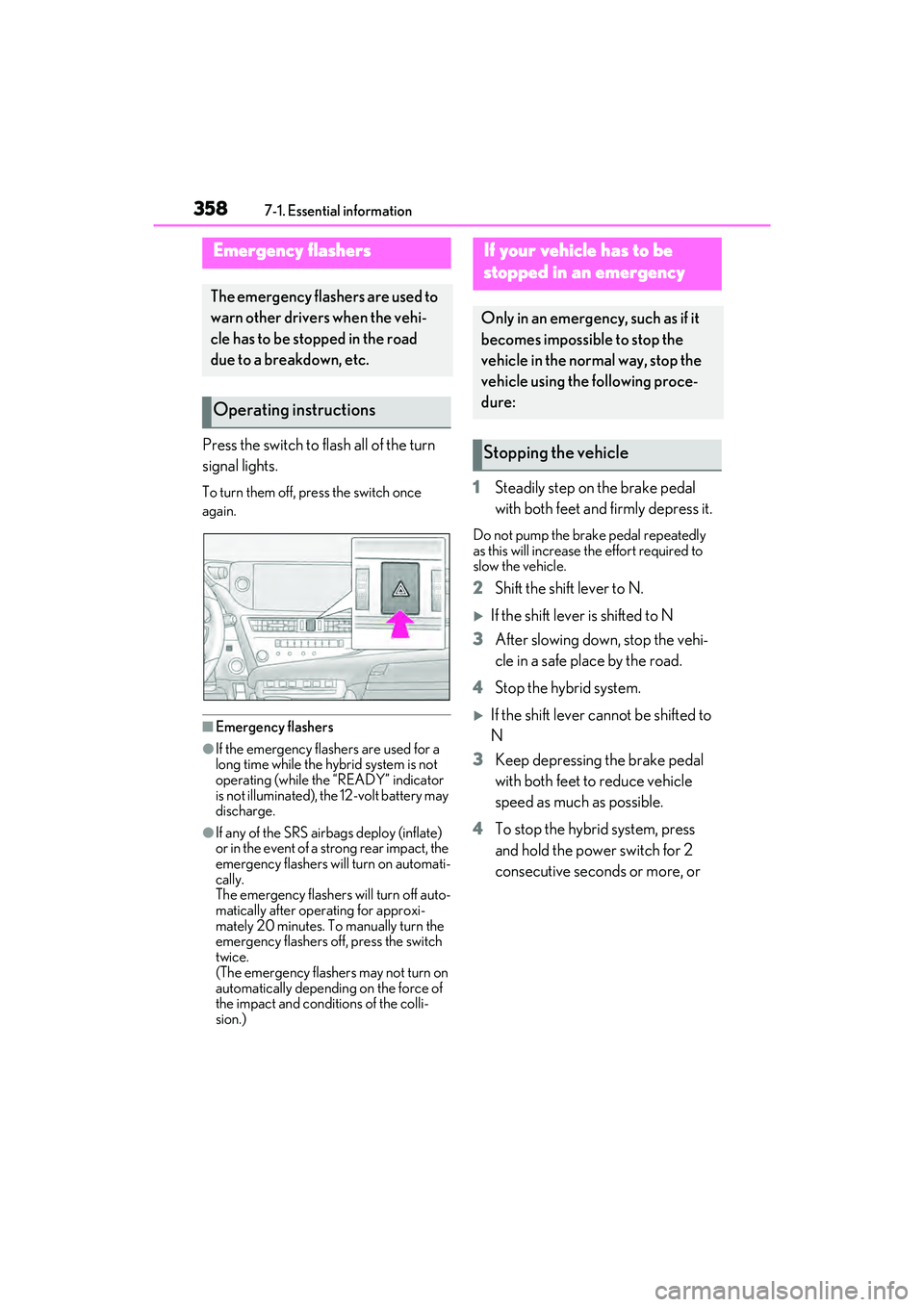 LEXUS ES300h 2022  Owners Manual 3587-1. Essential information
7-1.Essential information
Press the switch to flash all of the turn 
signal lights.
To turn them off, press the switch once 
again.
�QEmergency flashers
�OIf the emergenc