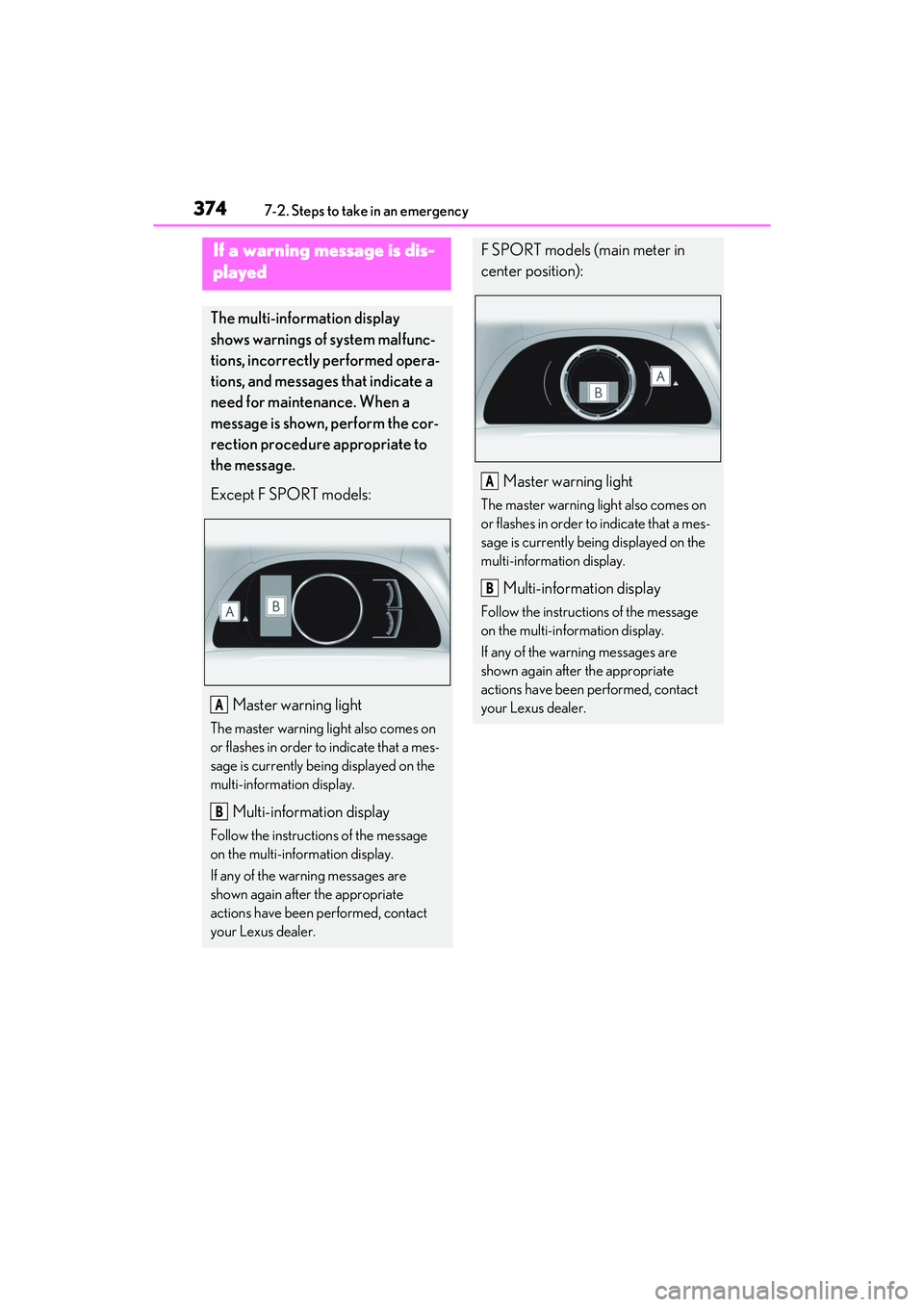 LEXUS ES300h 2022  Owners Manual 3747-2. Steps to take in an emergency
If a warning message is dis-
played
The multi-information display 
shows warnings of system malfunc-
tions, incorrectly performed opera-
tions, and messages that 
