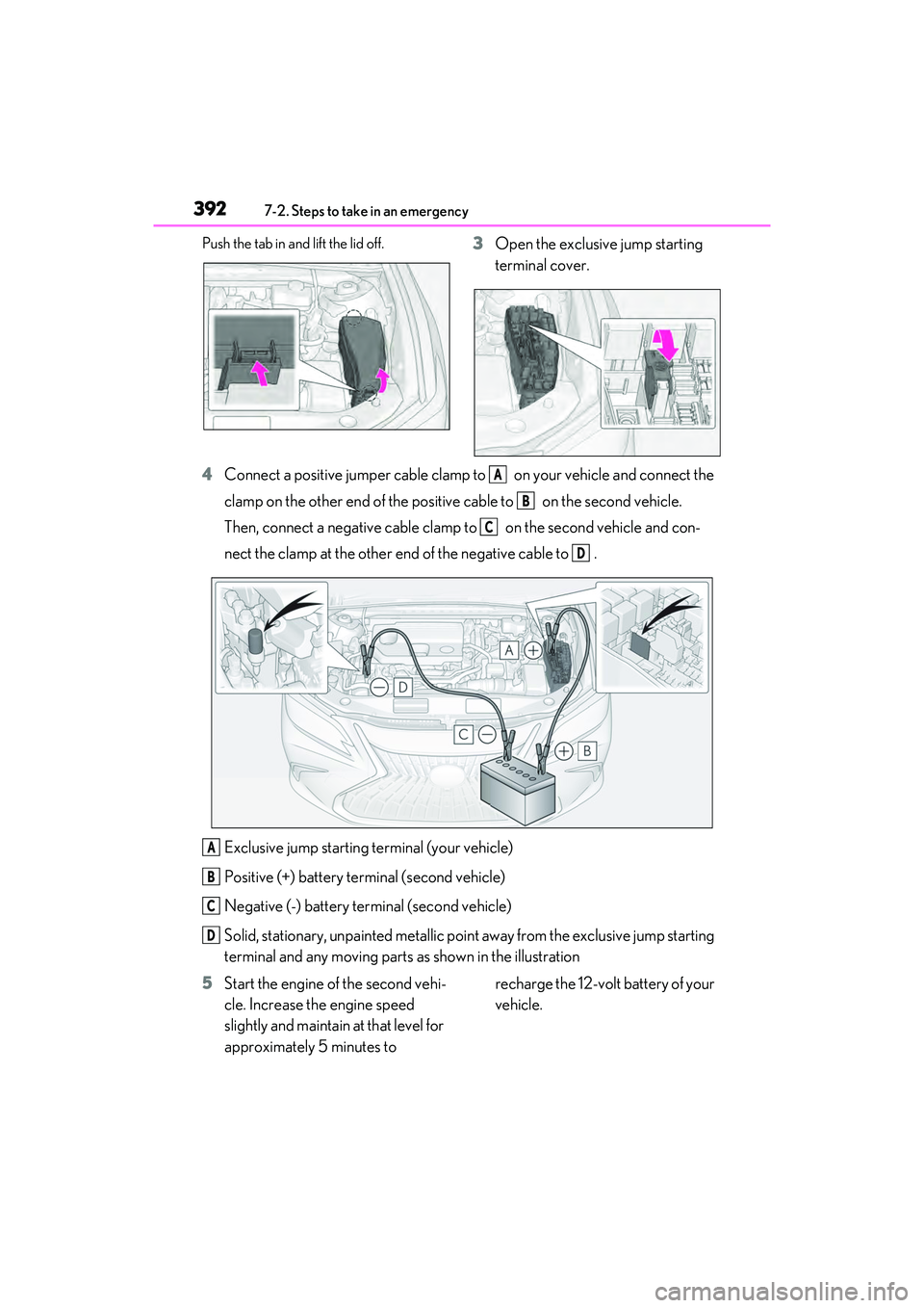 LEXUS ES300h 2022  Owners Manual 3927-2. Steps to take in an emergency
Push the tab in and lift the lid off.3Open the exclusive jump starting 
terminal cover.
4 Connect a positive jumper cable clamp to   on your vehicle and connect t