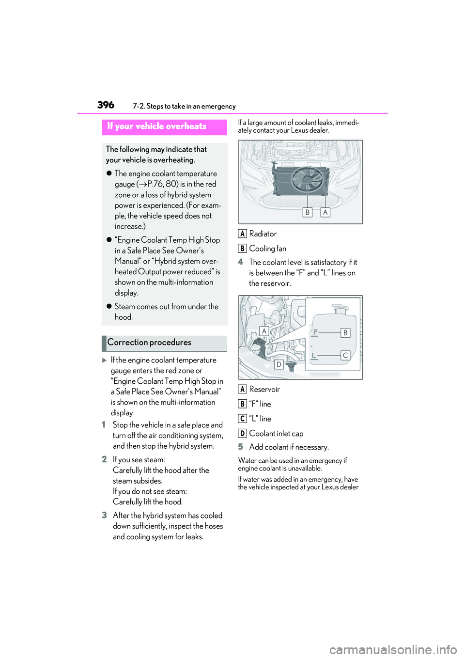 LEXUS ES300h 2022  Owners Manual 3967-2. Steps to take in an emergency
If the engine coolant temperature 
gauge enters the red zone or 
“Engine Coolant Temp High Stop in 
a Safe Place See Owner’s Manual” 
is shown on the mul