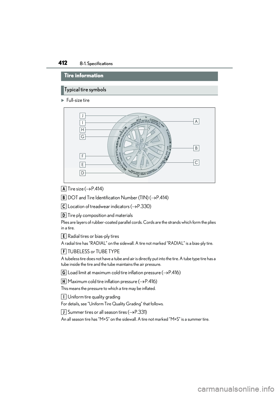 LEXUS ES300h 2022  Owners Manual 4128-1. Specifications
Full-size tireTire size ( P.414)
DOT and Tire Identification Number (TIN) ( P.414)
Location of treadwear indicators ( P.330)
Tire ply composition and materials
Plies