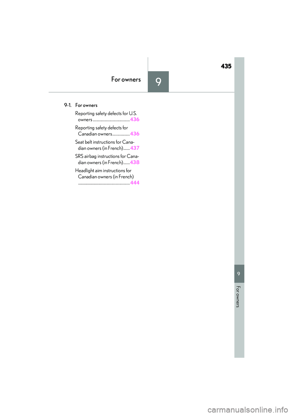 LEXUS ES300h 2022  Owners Manual 435
9
9
For owners
For owners
9-1. For ownersReporting safety defects for U.S. owners ........................................ 436
Reporting safety defects for  Canadian owners................... 436
