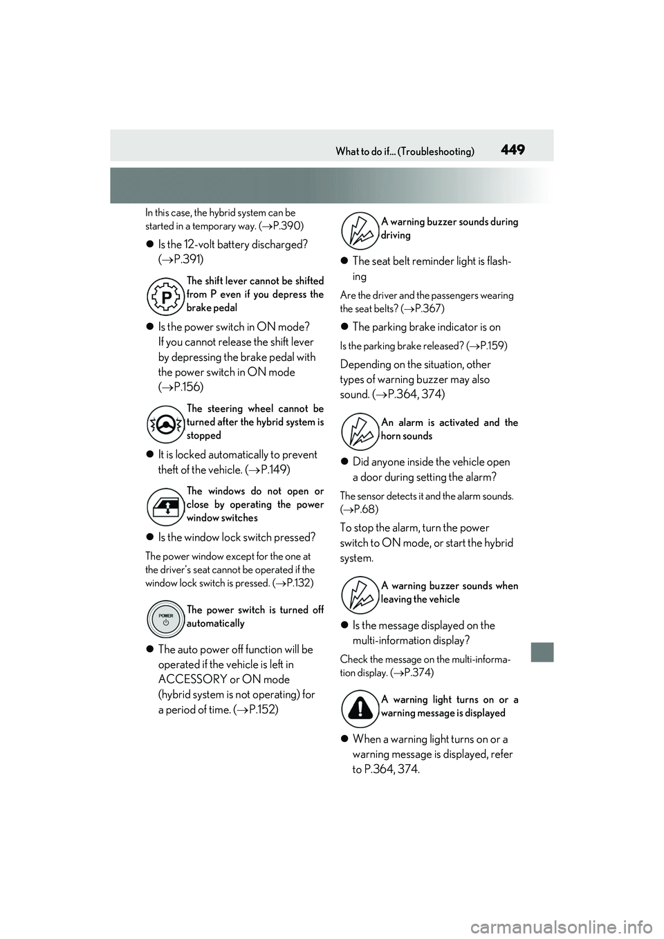 LEXUS ES300h 2022 Owners Manual 449What to do if... (Troubleshooting)
In this case, the hybrid system can be
started in a temporary way. ( P.390)
Is the 12-volt battery discharged?
( P.391)
Is the power switch in ON m LEXUS ES300h 2022 Owners Manual 449What to do if... (Troubleshooting)
In this case, the hybrid system can be
started in a temporary way. ( P.390)
Is the 12-volt battery discharged?
( P.391)
Is the power switch in ON m