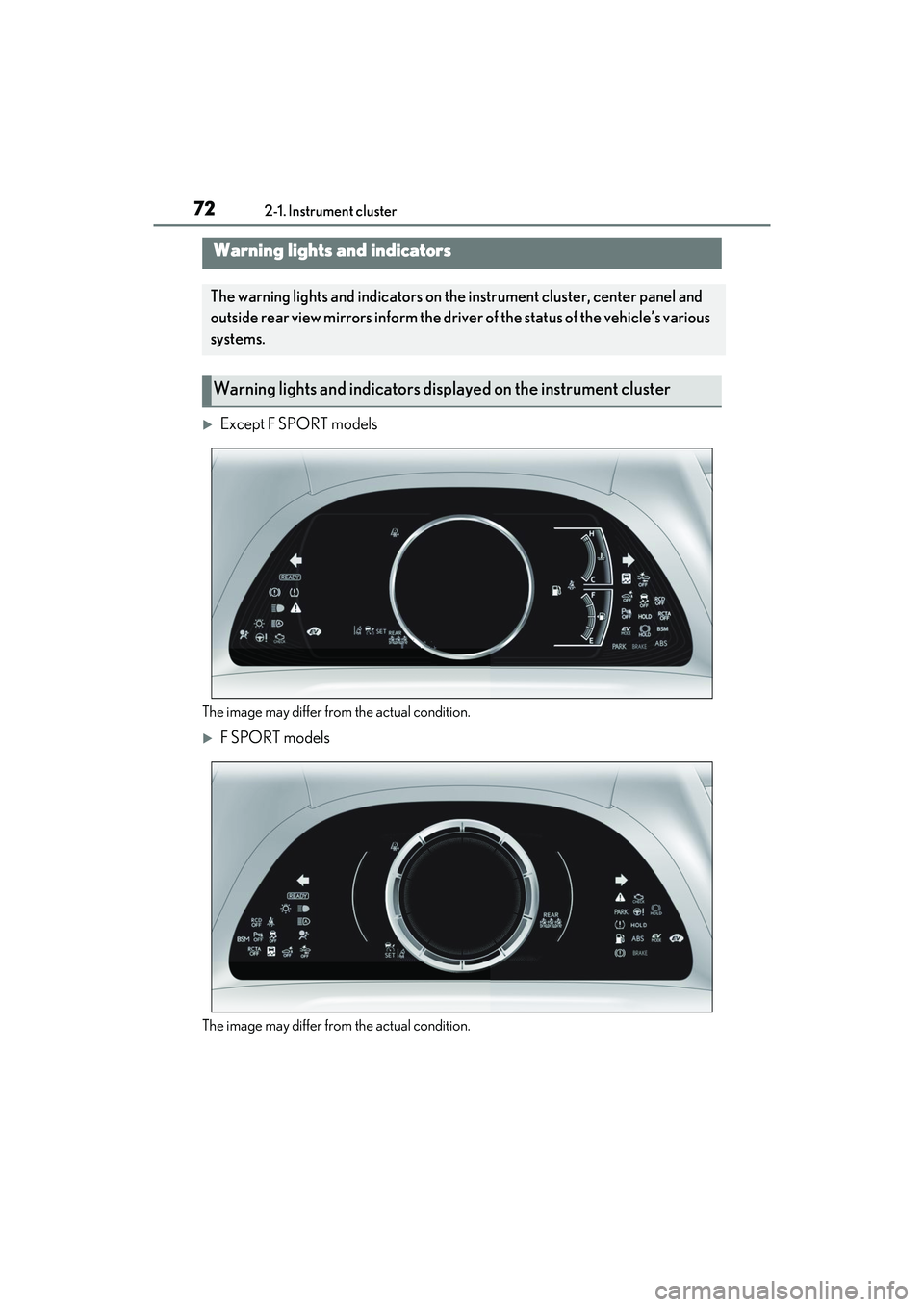 LEXUS ES300h 2022 User Guide 722-1. Instrument cluster
2-1. Instrument cluster
Except F SPORT models
The image may differ from the actual condition.
F SPORT models
The image may differ from the actual condition.
Warning lig