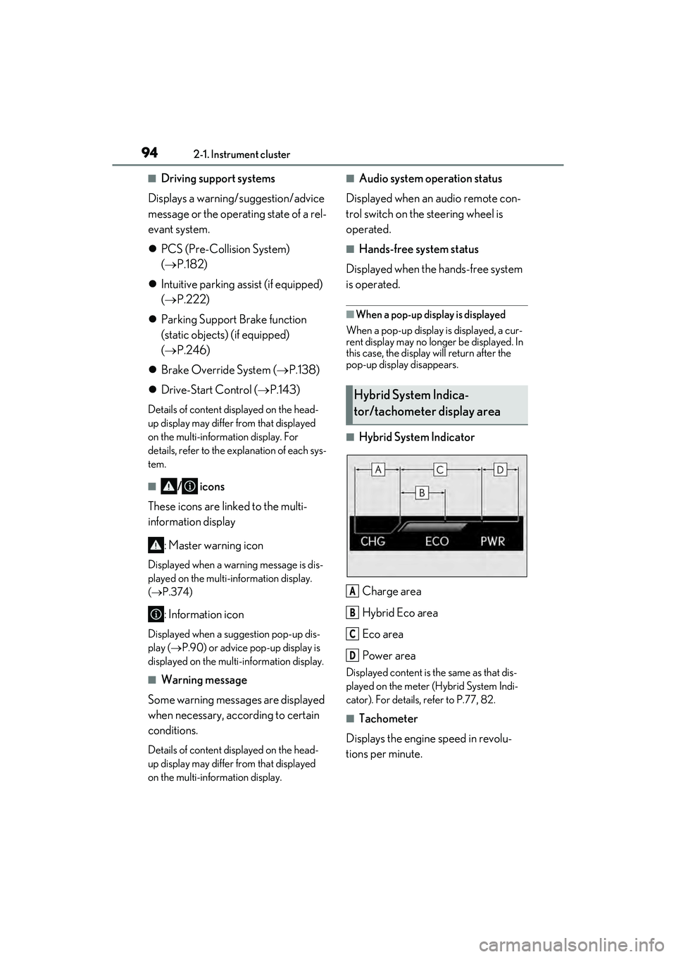LEXUS ES300h 2022 Owners Guide 942-1. Instrument cluster
�QDriving support systems
Displays a warning/ suggestion/advice 
message or the operating state of a rel-
evant system.
 PCS (Pre-Collision System) 
( P.182)
 Intuit