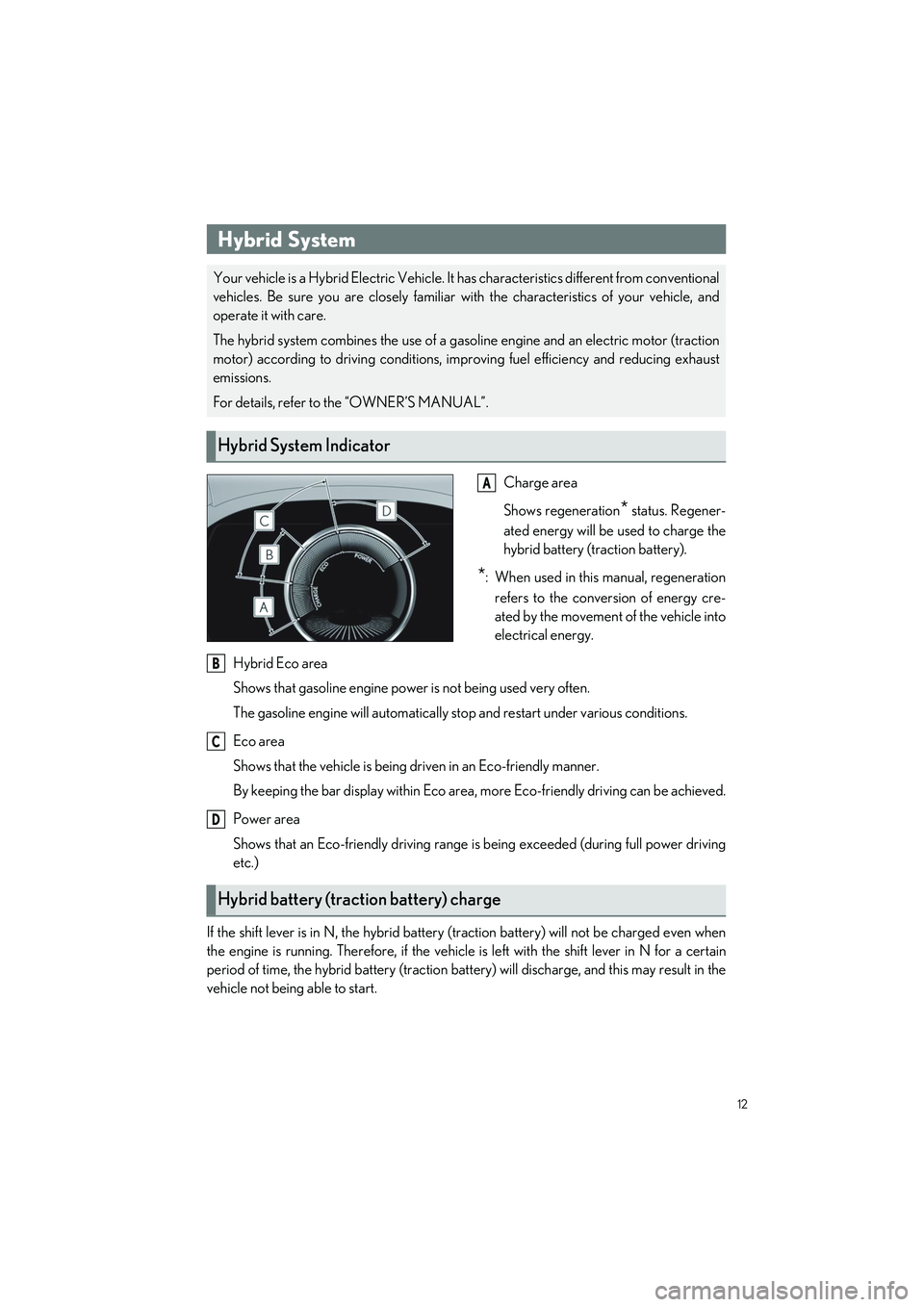 LEXUS ES300h 2023  Owners Manual 12
ES300h_QG_OM06257U_(U)
Charge area
Shows regeneration
* status. Regener-
ated energy will be  used to charge the
hybrid battery (traction battery).
*: When used in this manual, regeneration
refers 