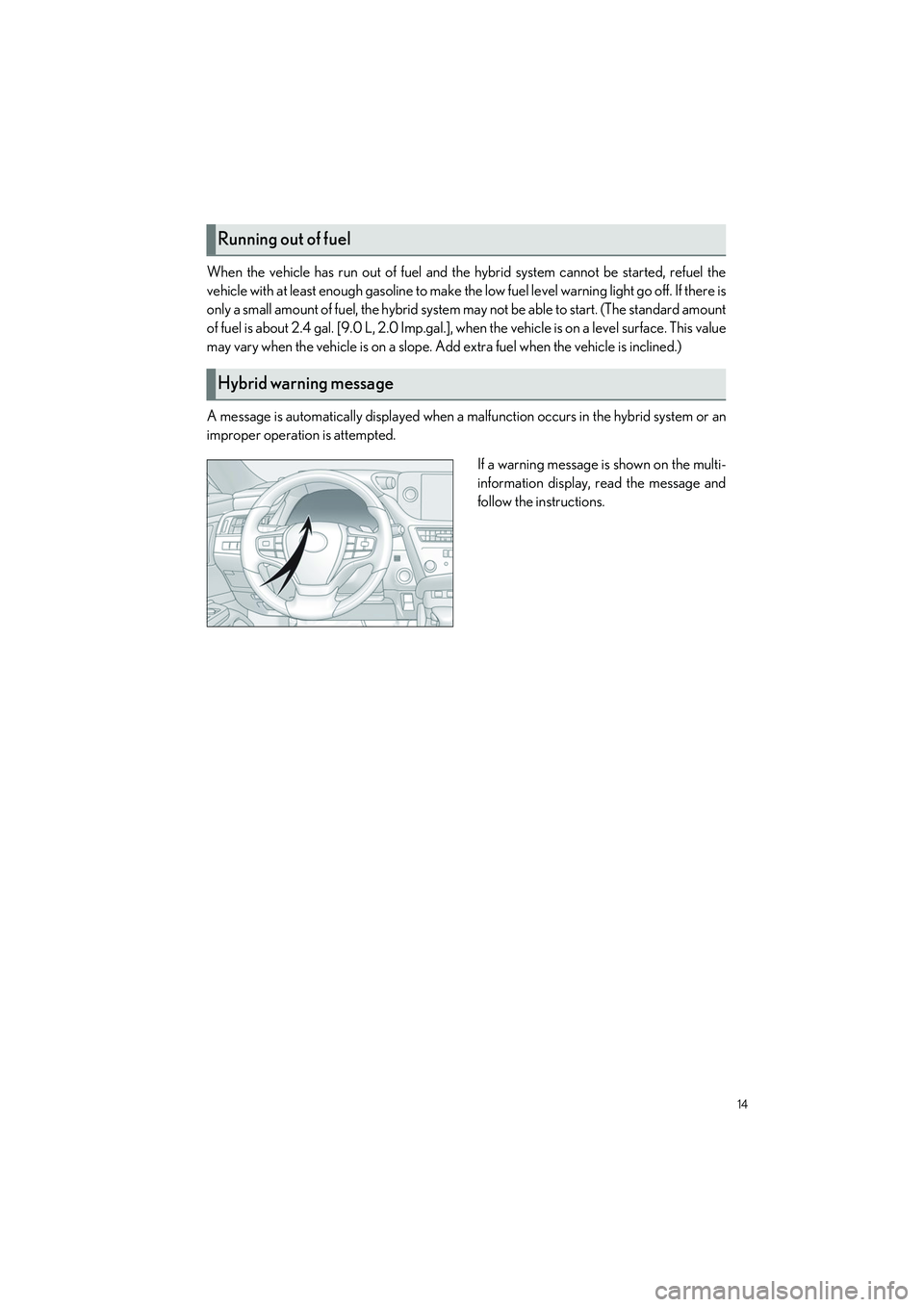 LEXUS ES300h 2023  Owners Manual 14
ES300h_QG_OM06257U_(U)
When the vehicle has run out of fuel and the hybrid system cannot be started, refuel the
vehicle with at least enough gasoline to make the low fuel level warning light go off